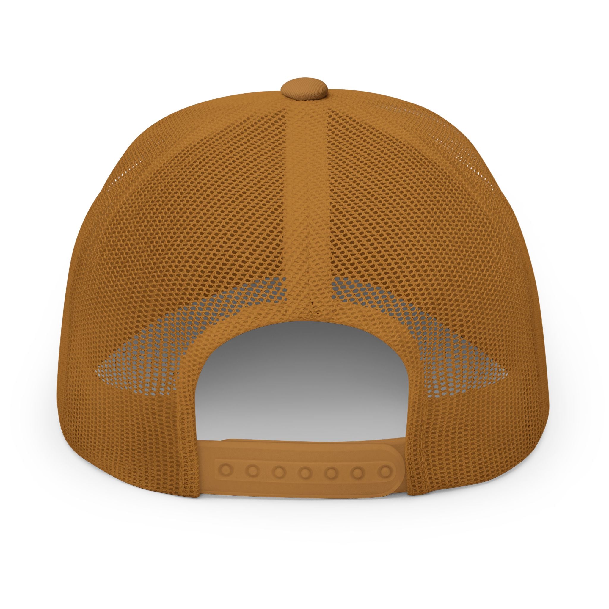 Caramel embroidered trucker cap with a customizable logo on the front panel patch