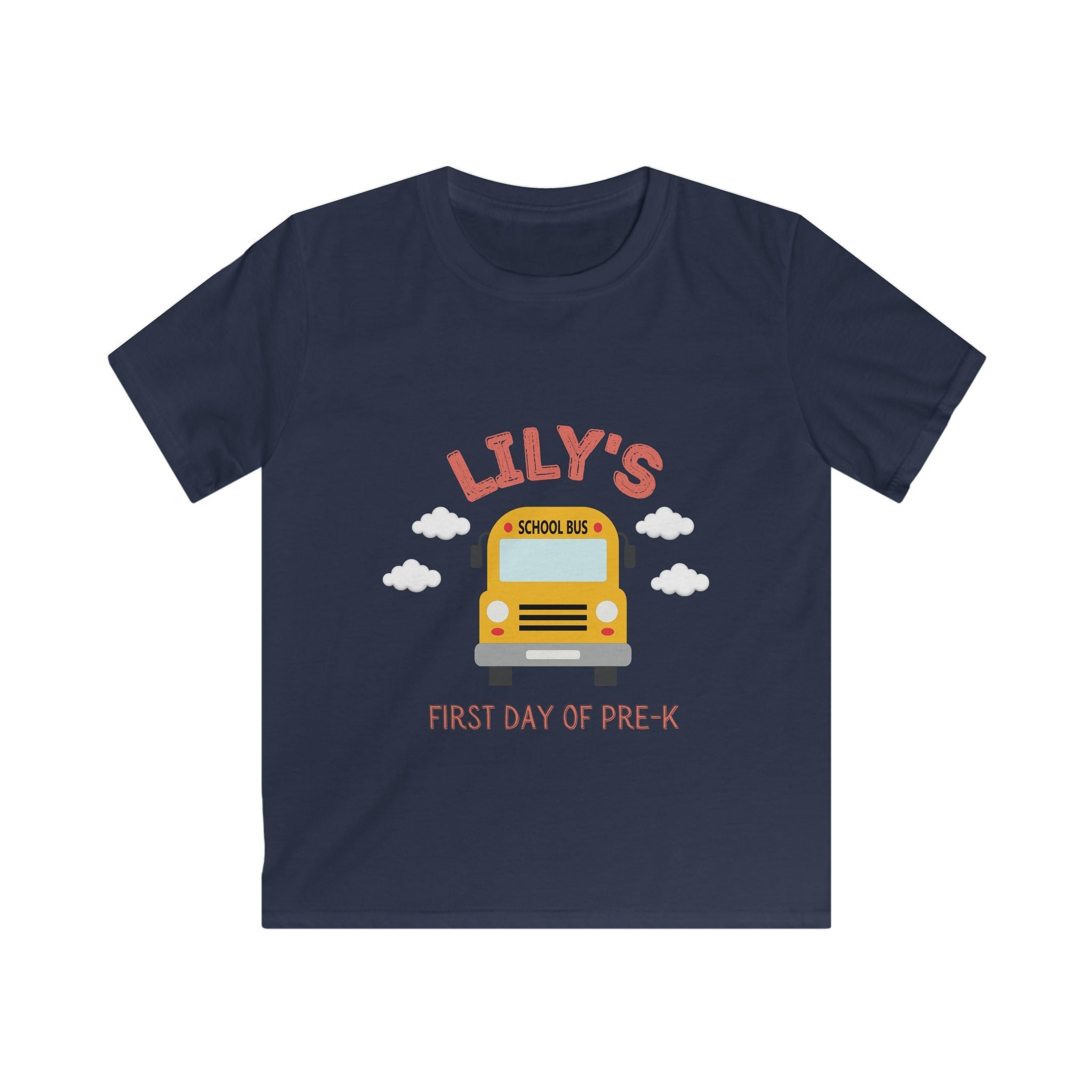 Navy personalized kids tee with custom name and School Bus First Day of Pre-K design