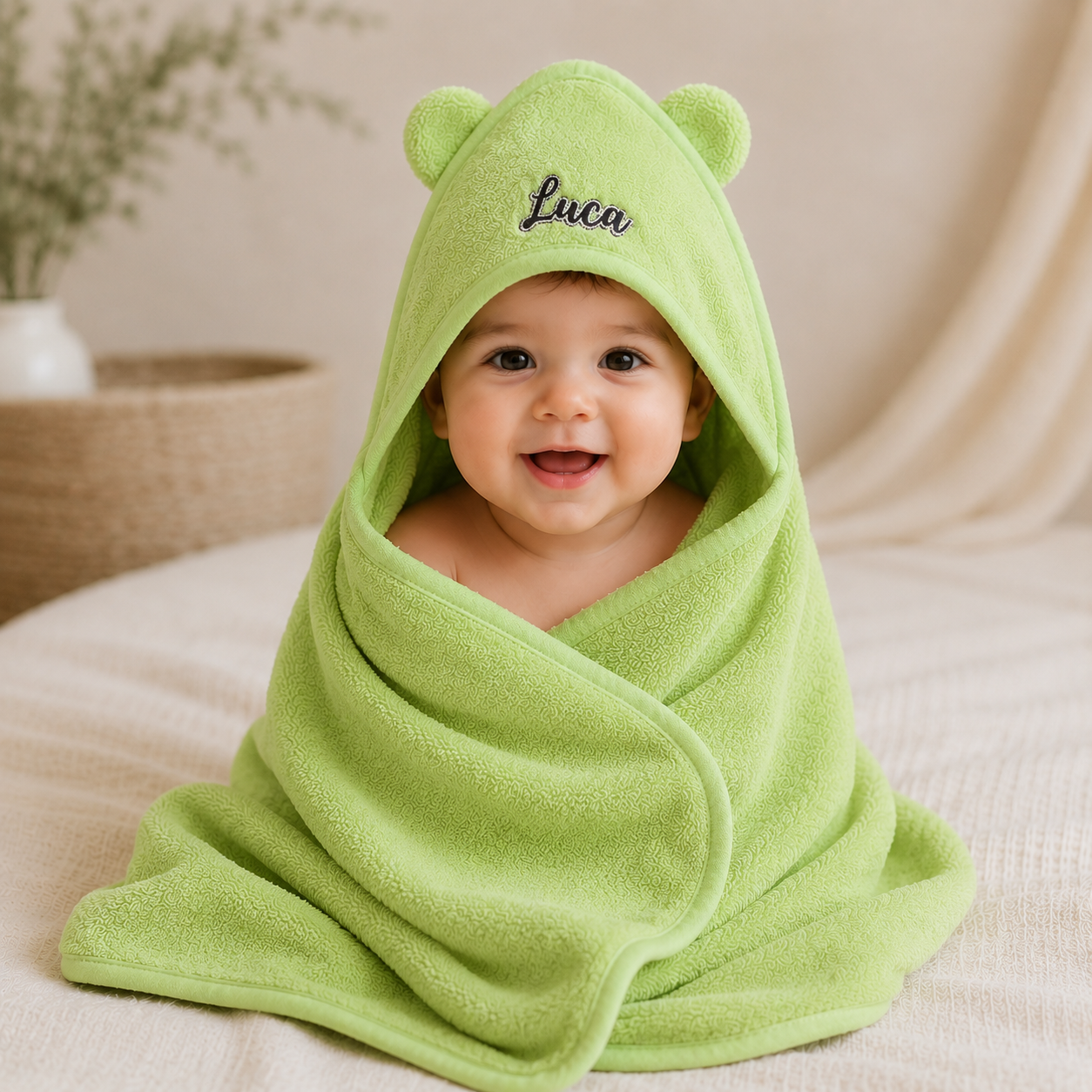Baby wrapped in a green hooded towel with 'Luca' embroidered on it, sitting on a beige surface.
