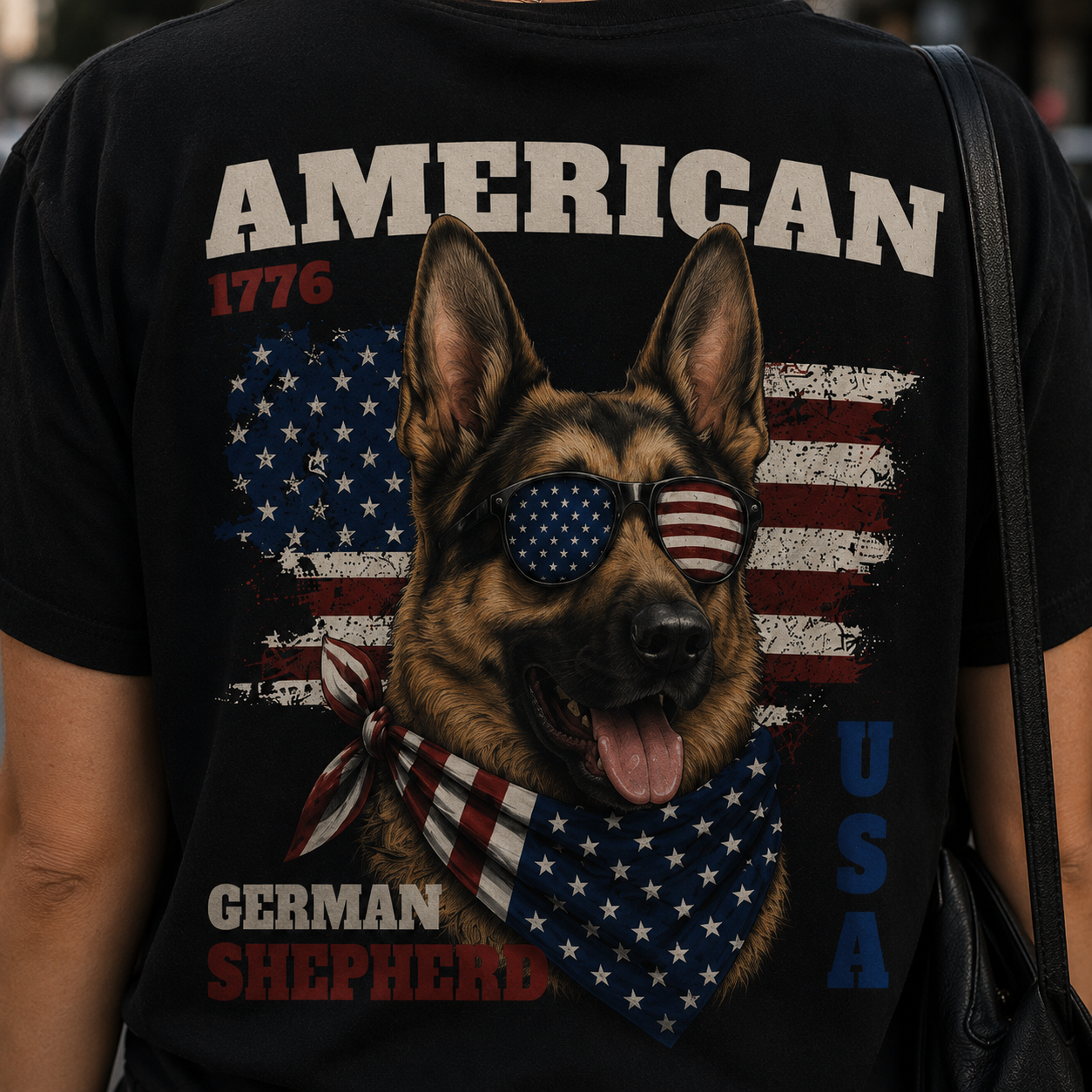 Black t-shirt with a graphic of a German Shepherd wearing sunglasses with an American flag design, text 'American 1776 German Shepherd USA'.