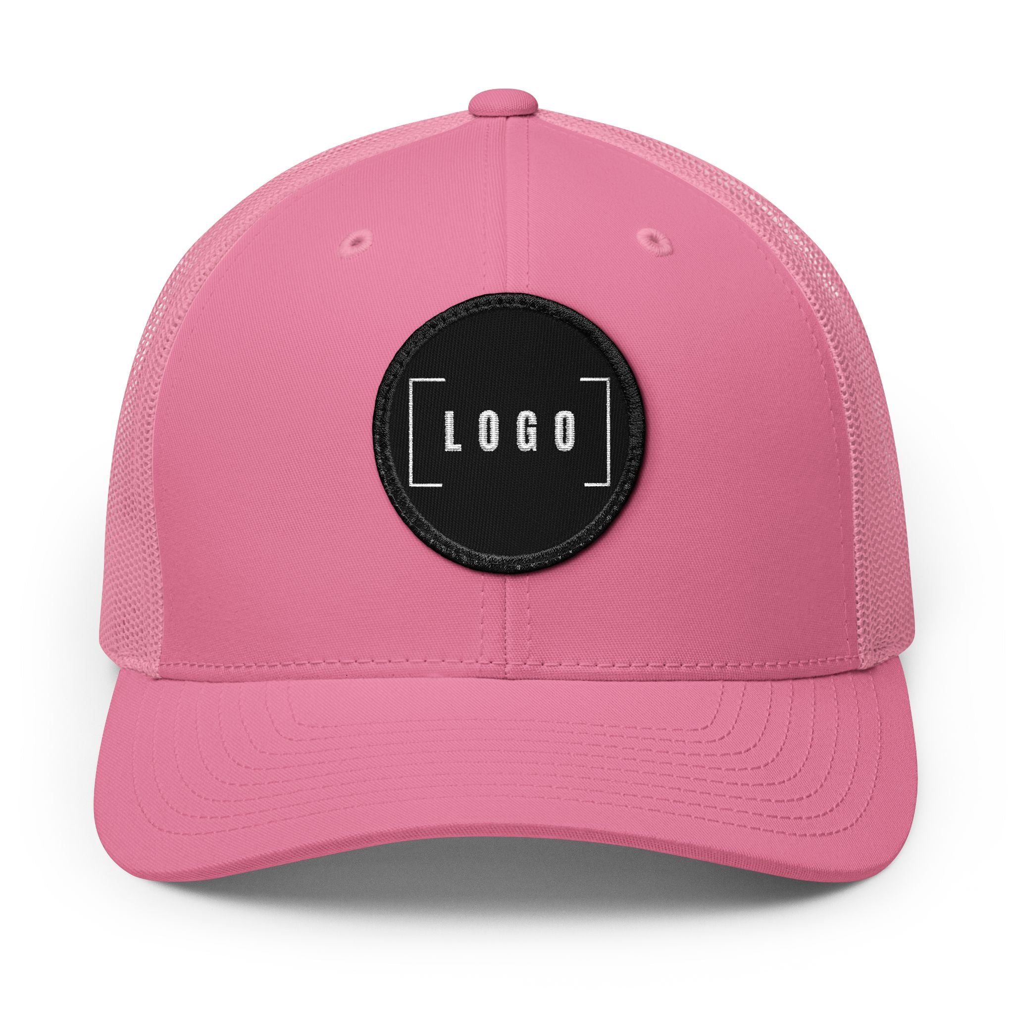 Pink embroidered trucker cap with a customizable logo on the front panel patch
