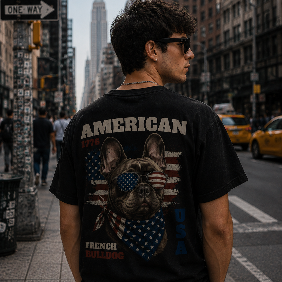 Man wearing a black t-shirt with a graphic design of a French Bulldog and text in an urban setting.