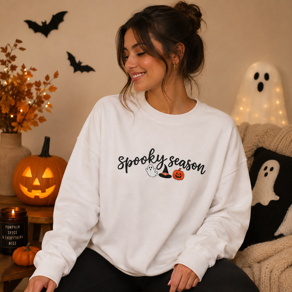 Spooky Season Embroidered Crewneck, Ghost & Pumpkin Sweatshirt