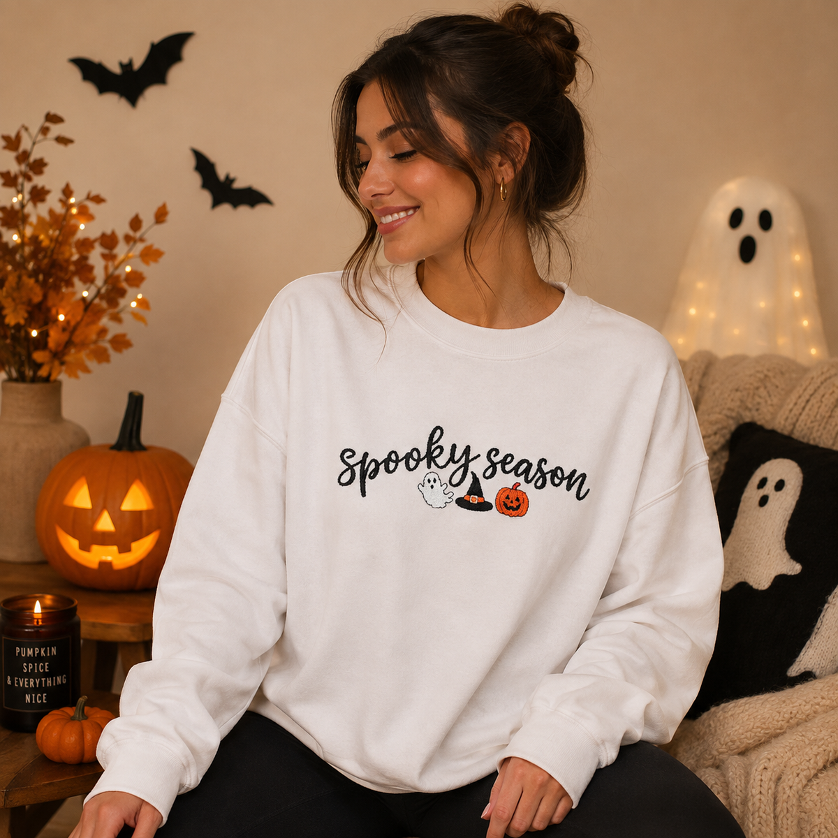 Spooky Season Embroidered Crewneck, Ghost & Pumpkin Sweatshirt