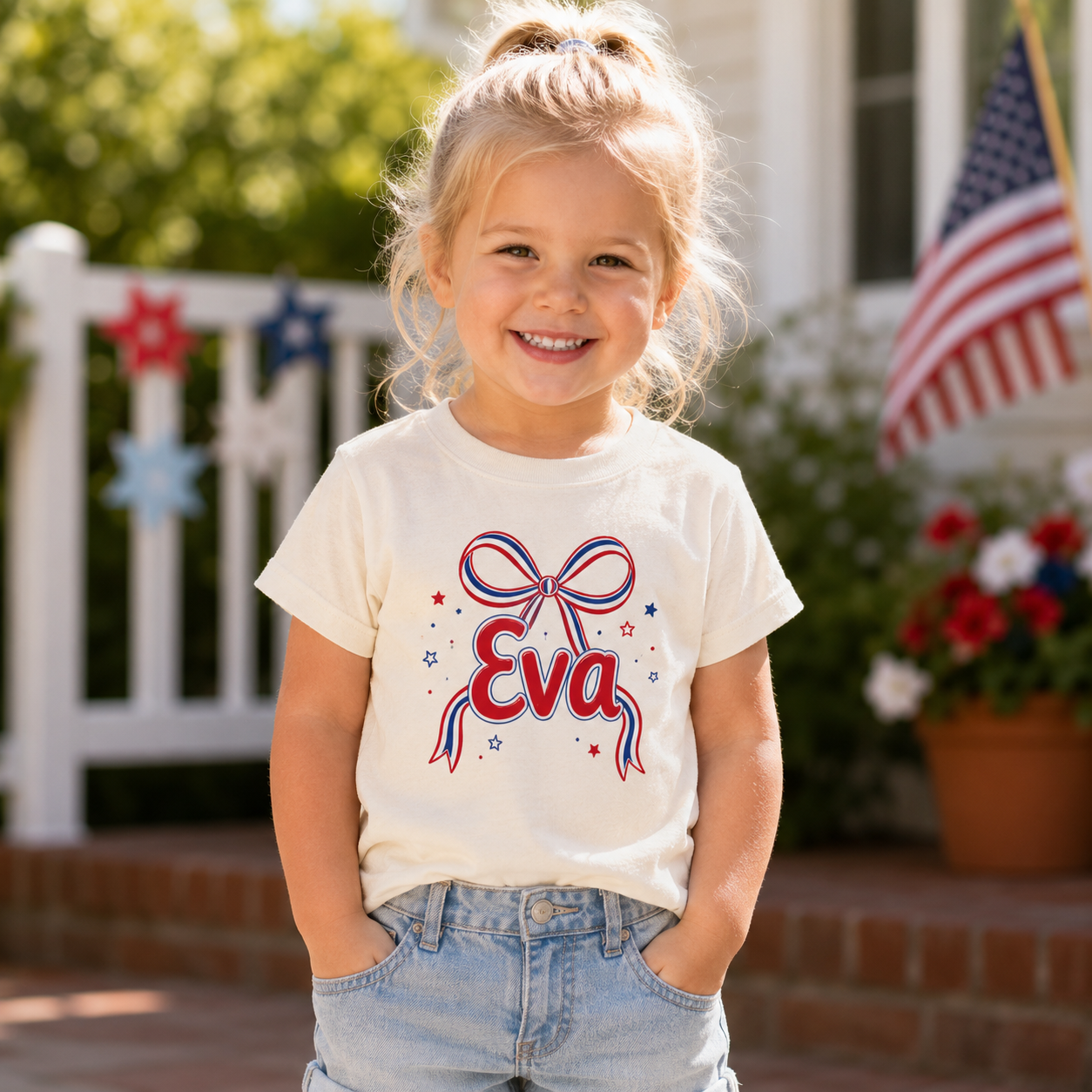 Custom Name 4th of July Toddler Girl Shirt | Personalized Patriotic Bow Tee for Girls, Sizes 2T–5T