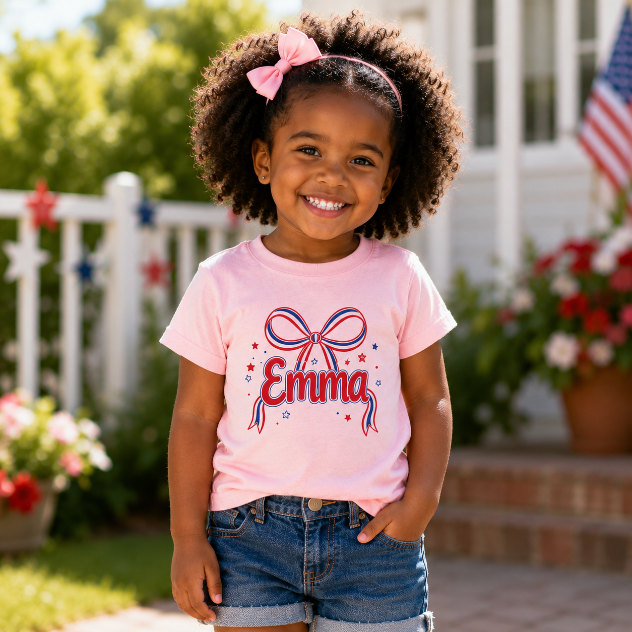 Custom Name 4th of July Toddler Girl Shirt | Personalized Patriotic Bow Tee for Girls, Sizes 2T–5T