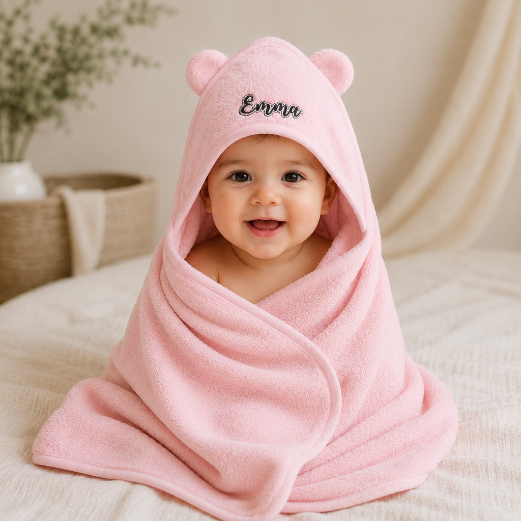 Baby wrapped in a pink hooded towel with bear ears, sitting on a beige surface.