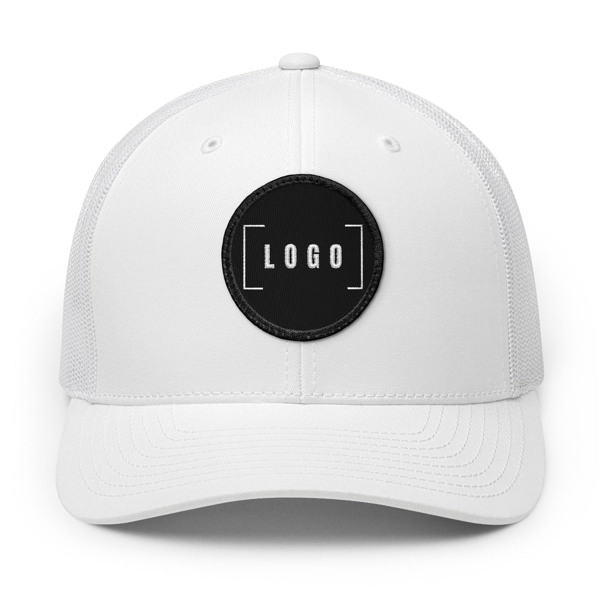 White embroidered trucker cap with a customizable logo on the front panel patch