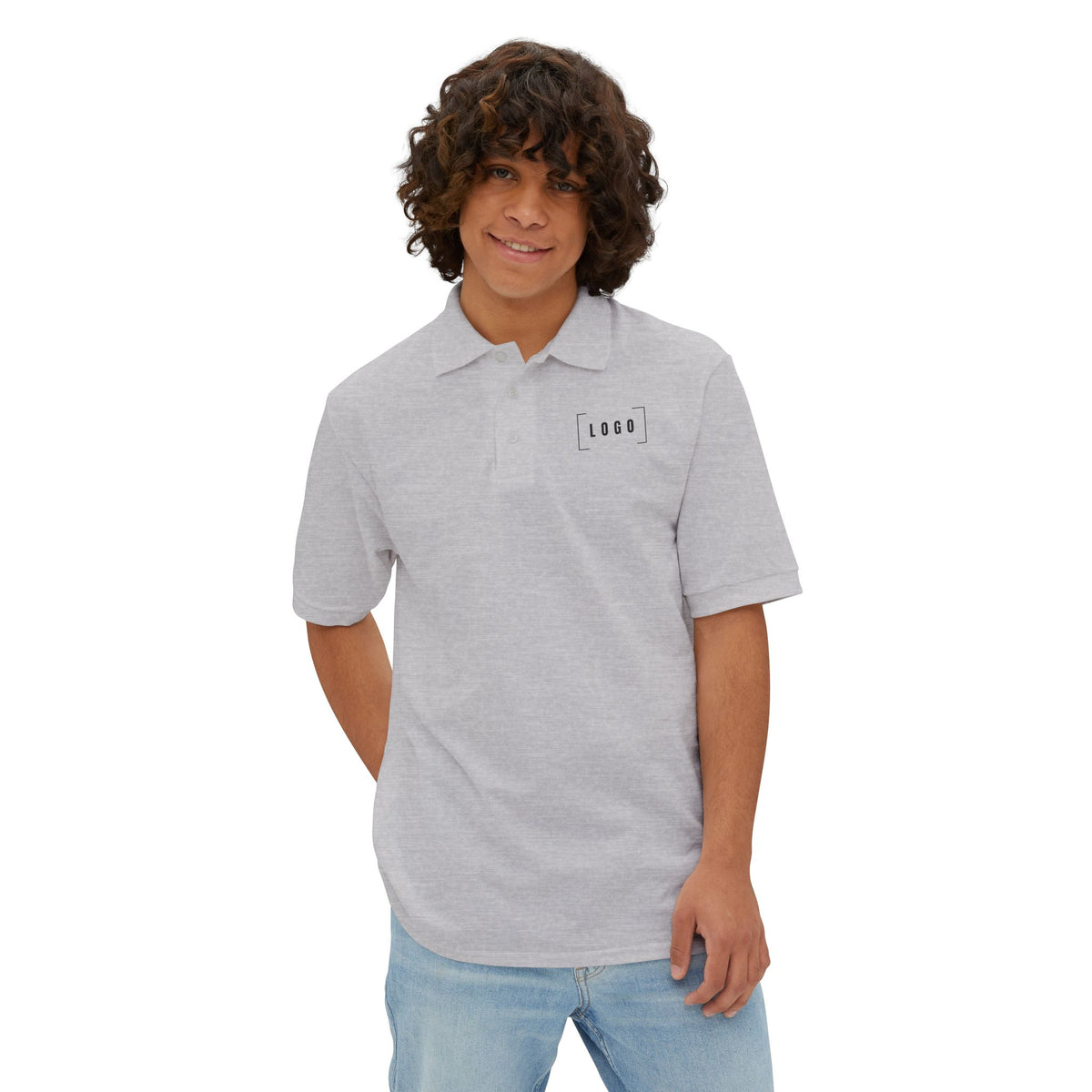 Athletic Heather men's piqué polo shirt with a customizable logo on the chest