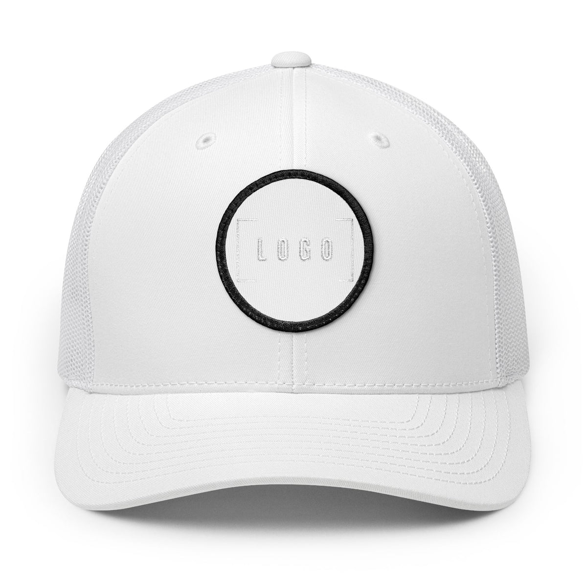 White embroidered trucker cap with a customizable logo on the front panel patch