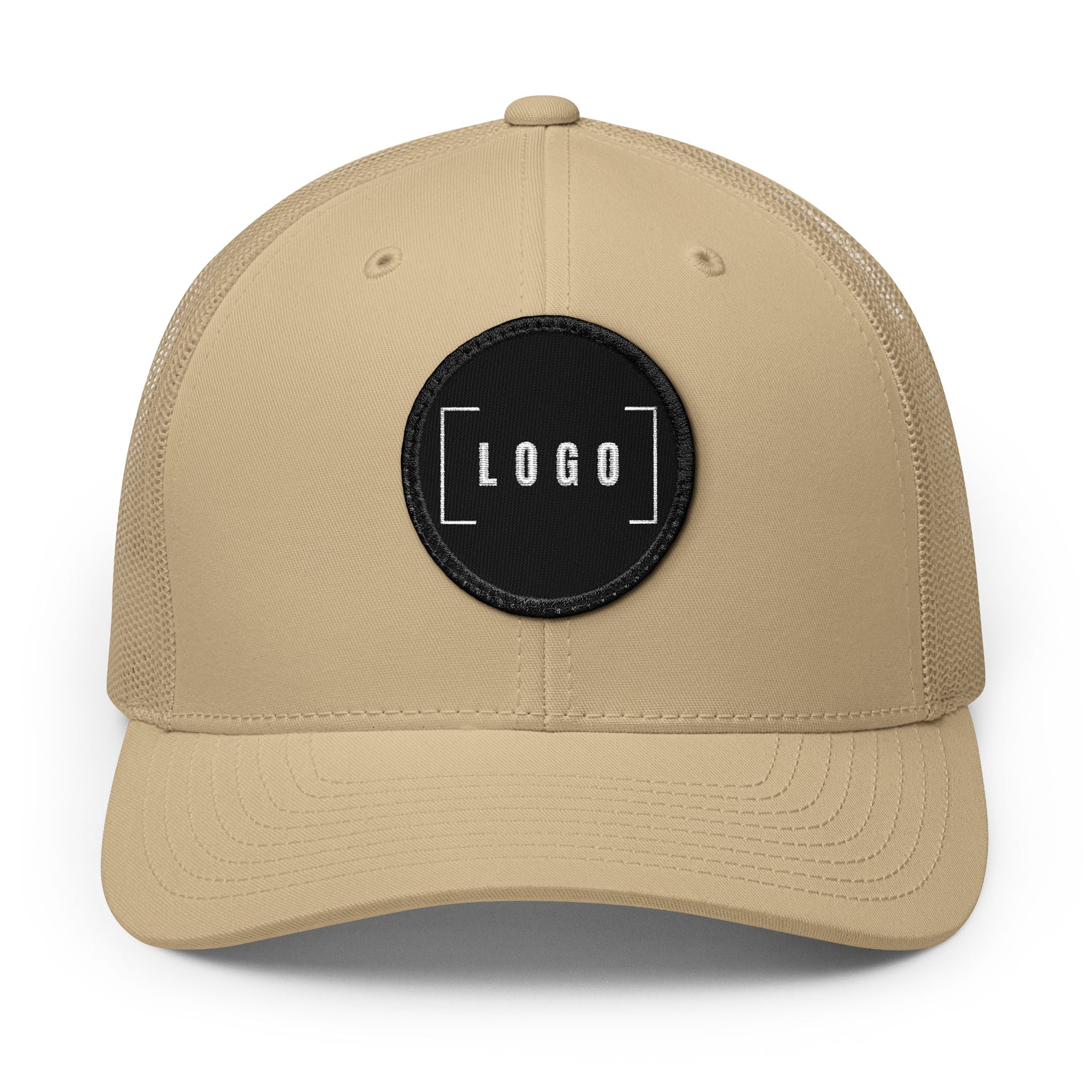 Khaki embroidered trucker cap with a customizable logo on the front panel patch