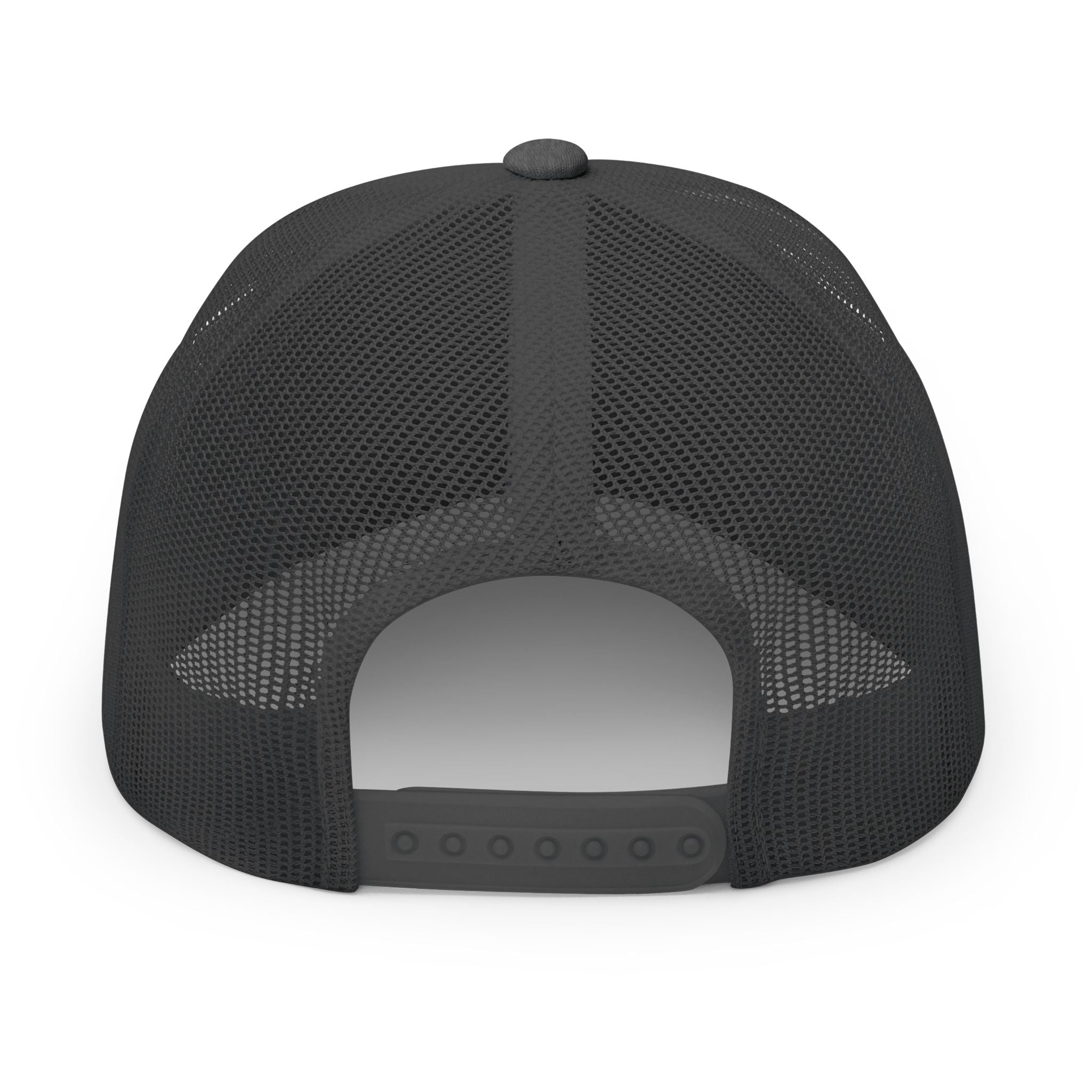 Dark Heather Gray embroidered trucker cap with a customizable logo on the front panel patch