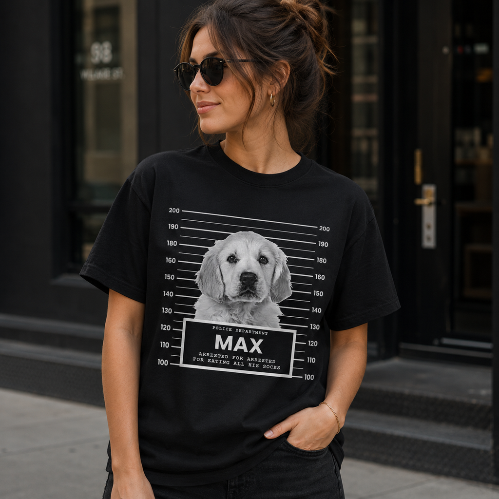 Custom Pet Mugshot Shirt | Personalized Dog Photo Tee, Arrested For Being Cute, Funny Pet Gift