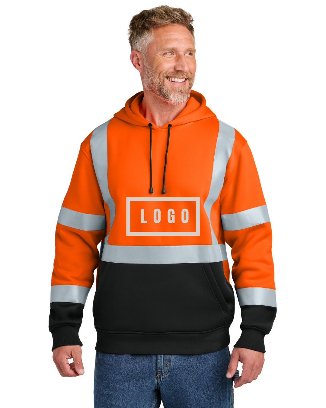Safety Orange ANSI 107 Class 3 hi-vis safety hoodie with a customizable logo on the chest