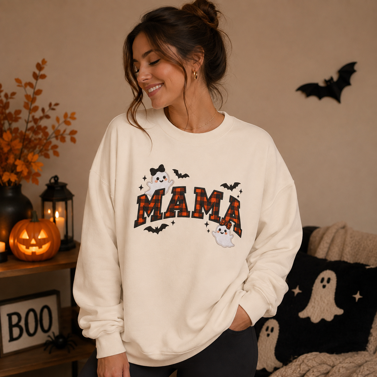 Mama Halloween Crewneck Sweatshirt, Plaid Ghost & Bat Pullover