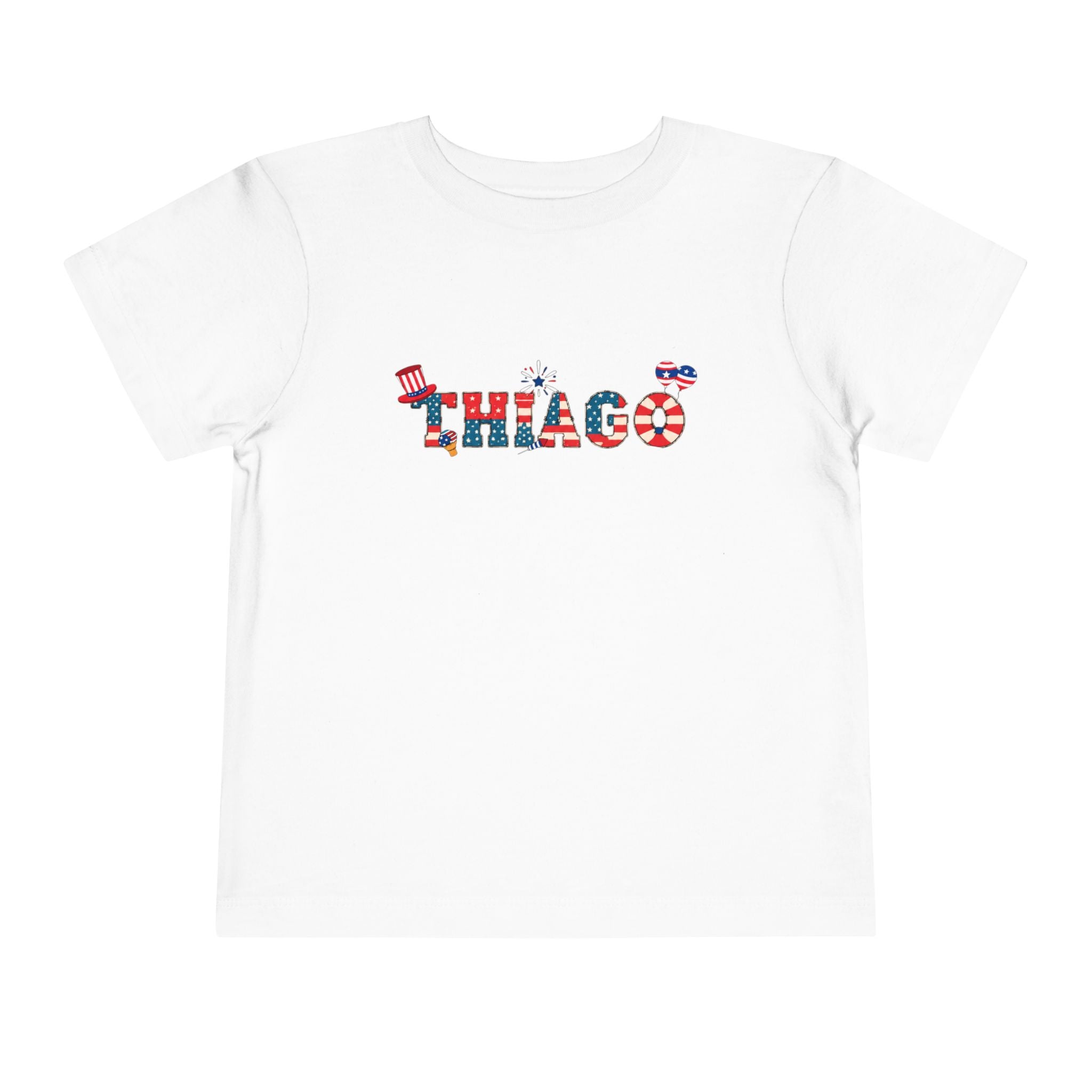 White t-shirt with colorful text design on a white background