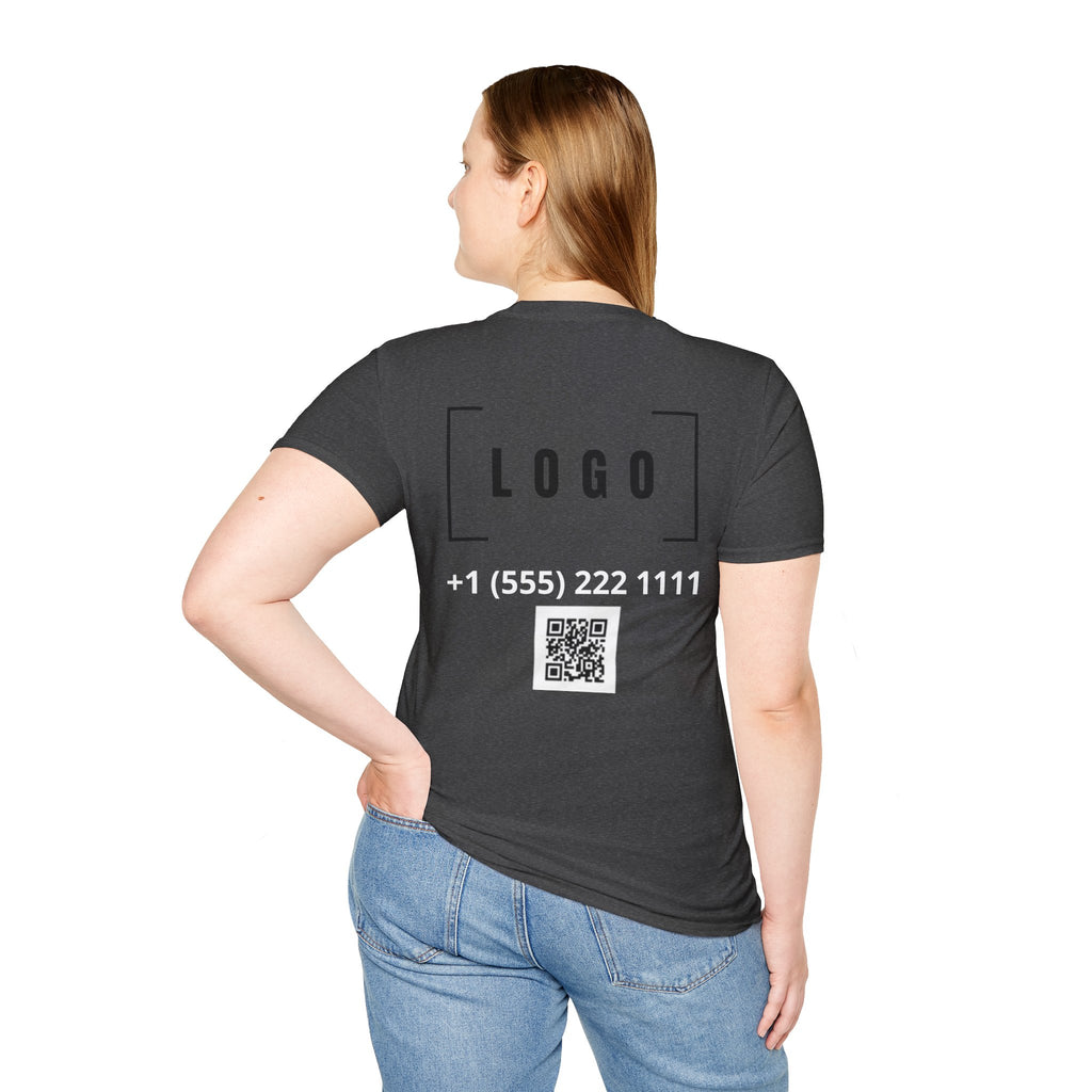 Dark Heather t-shirt with a customizable logo on the back