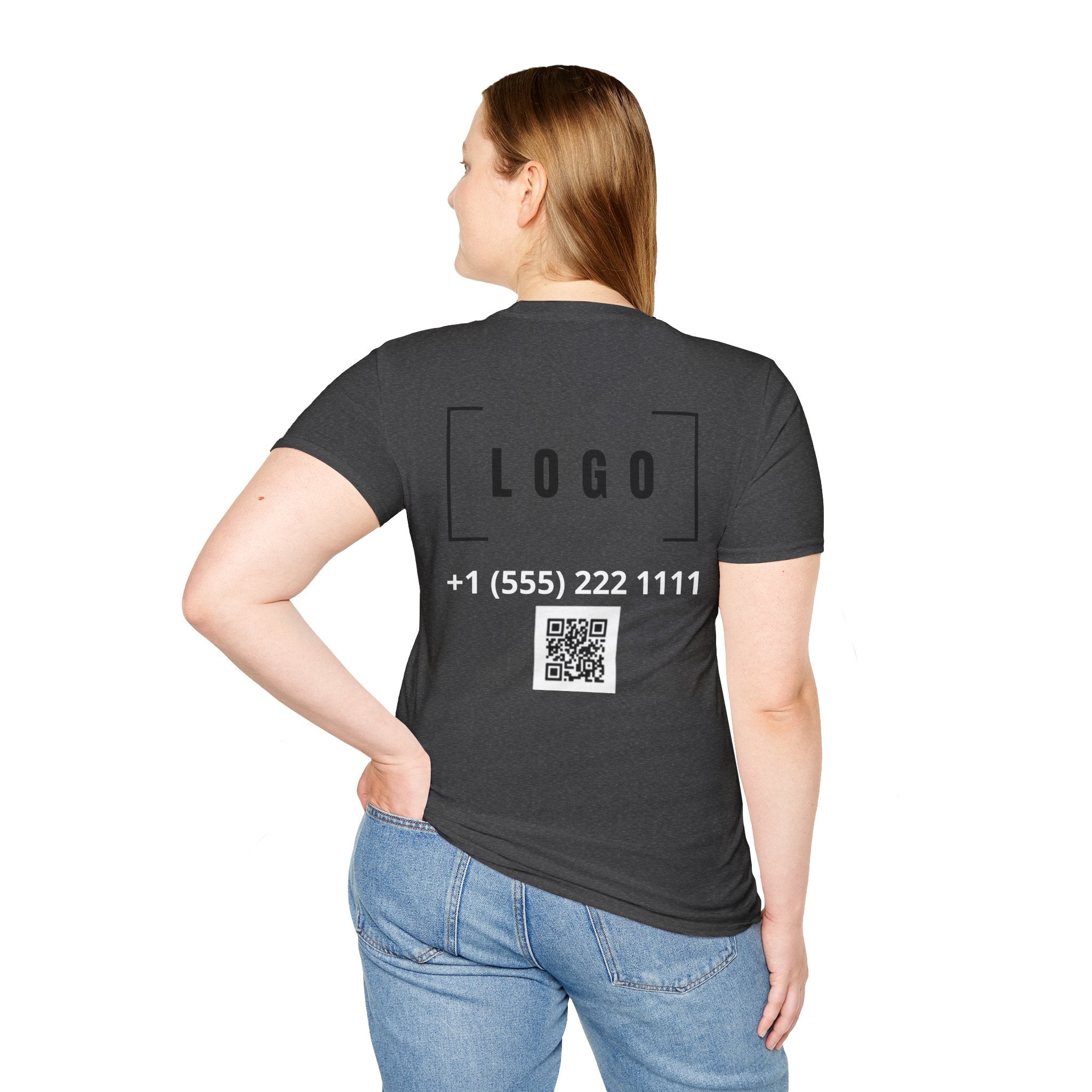 Dark Heather t-shirt with a customizable logo on the back