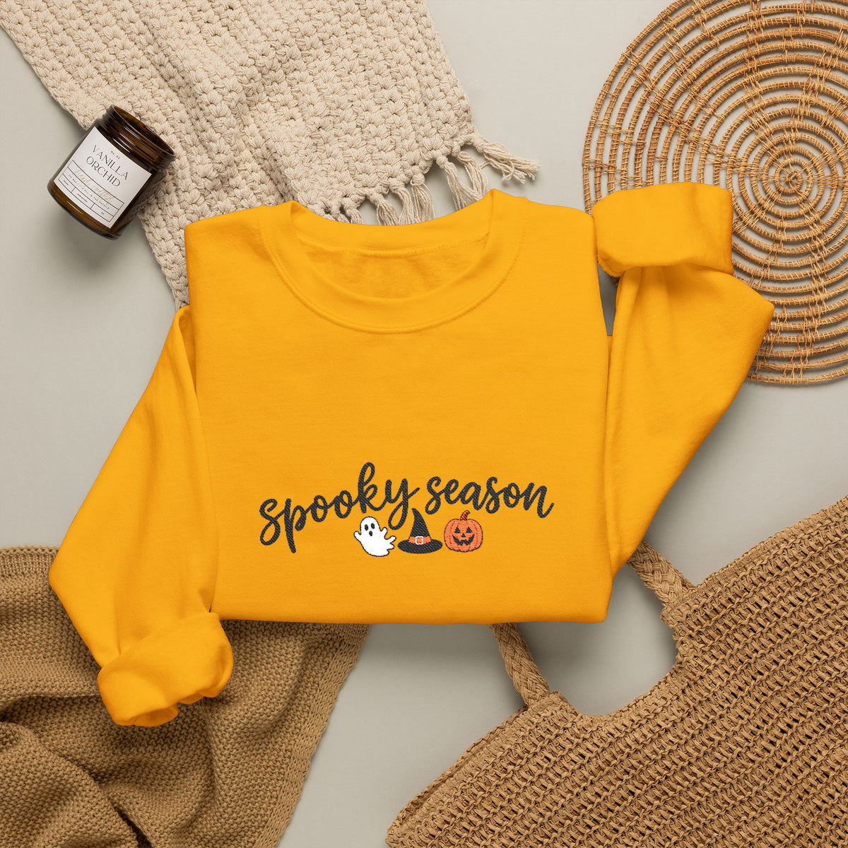 Spooky Season Embroidered Crewneck, Ghost & Pumpkin Sweatshirt