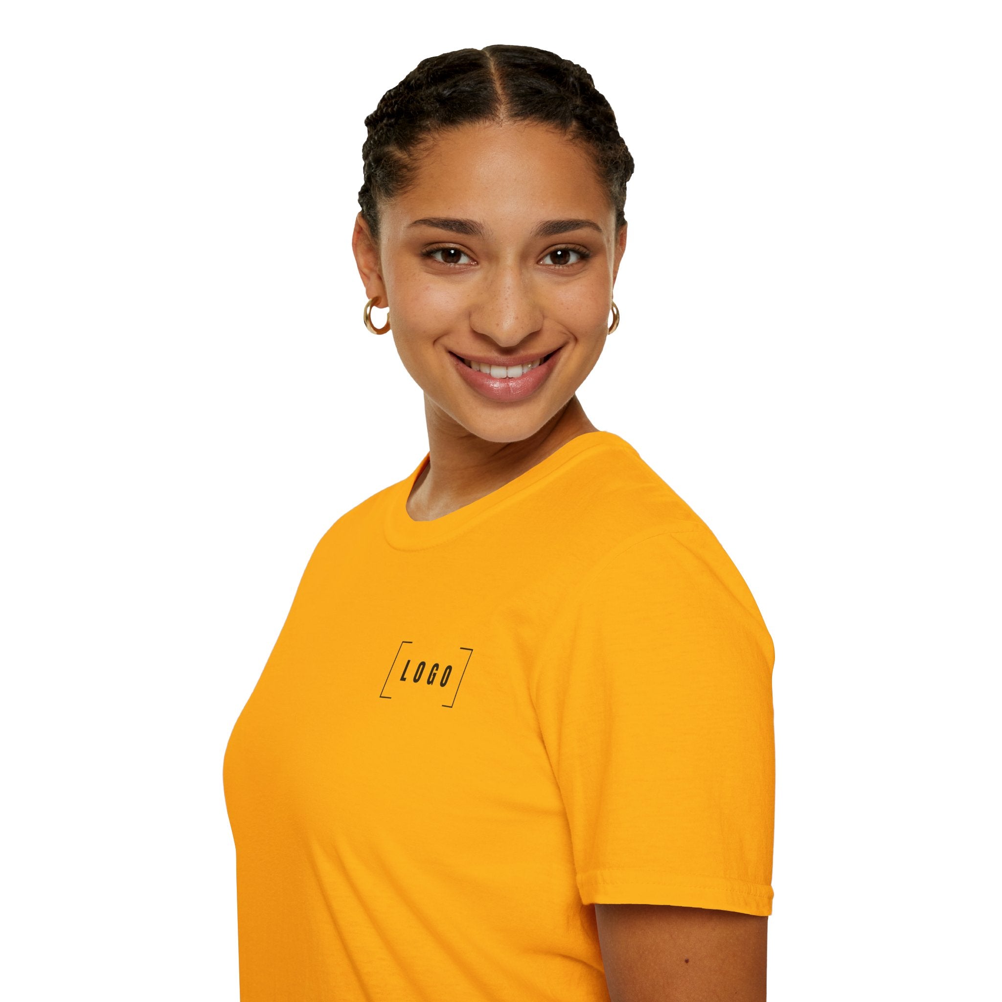 Gold t-shirt with a customizable logo on the front chest and back