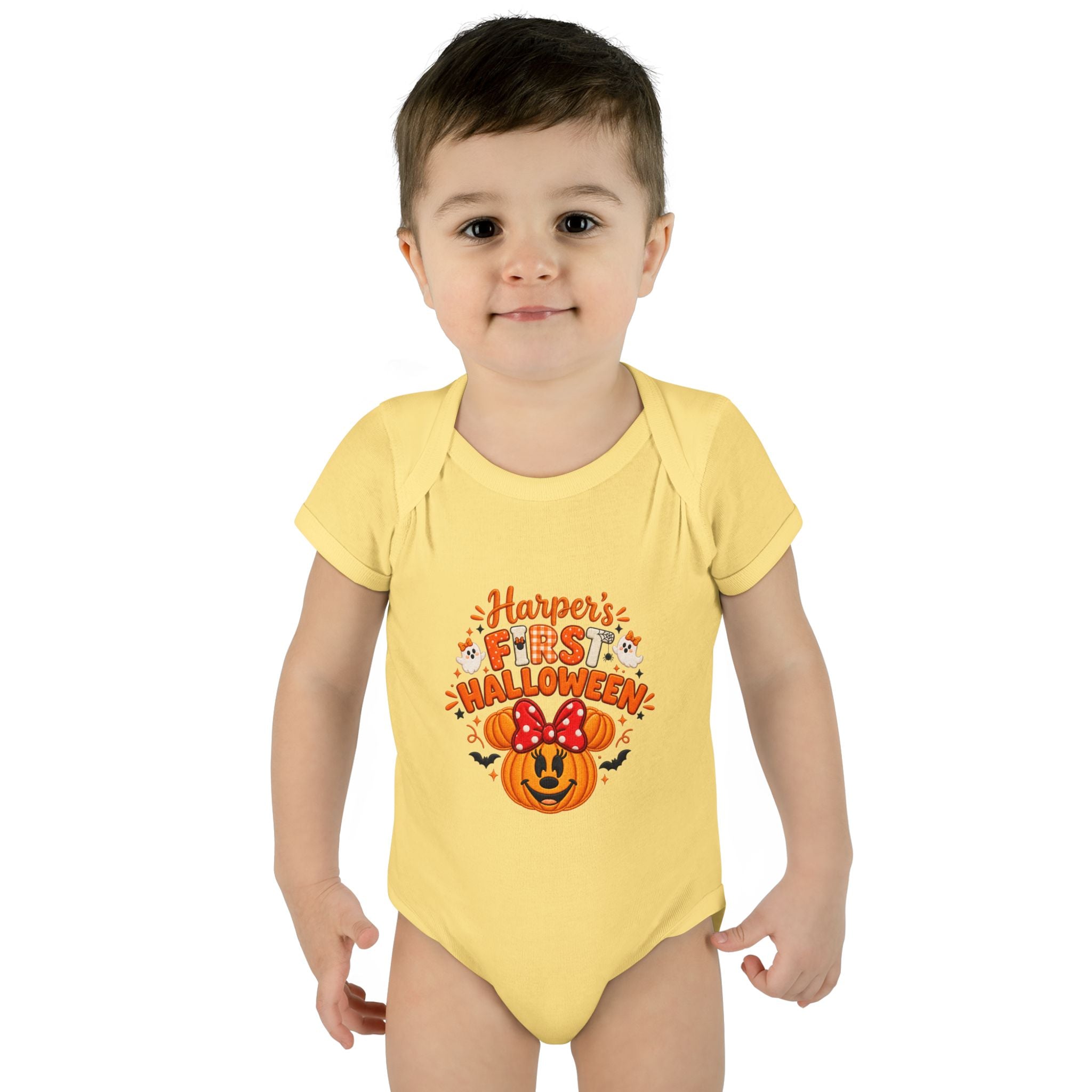 Personalized First Halloween Baby Bodysuit, Pumpkin & Bow Onesie