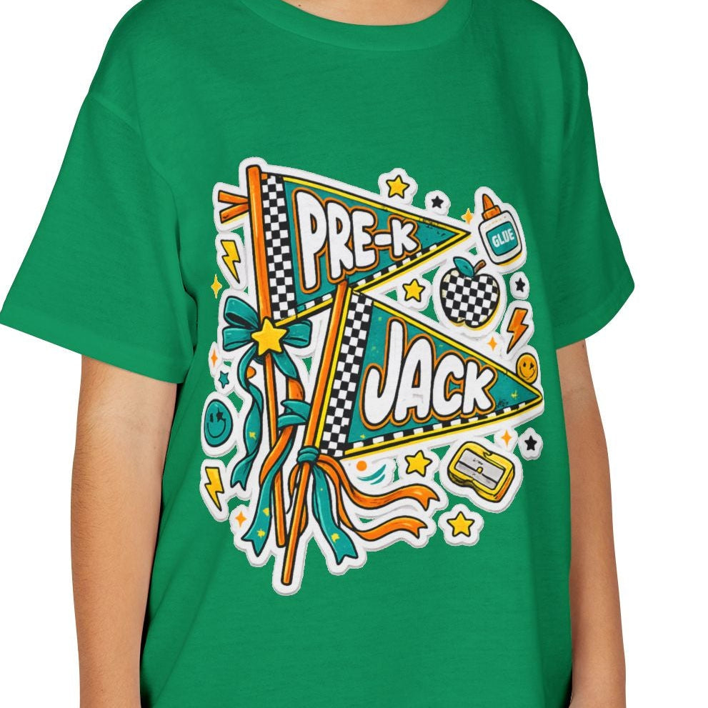 long brown hair smiling, wearing a green short-sleeve t-shirt with a colorful 'PRE-JACK' graphic on the front, paired with khaki cargo pants, against a plain white background.