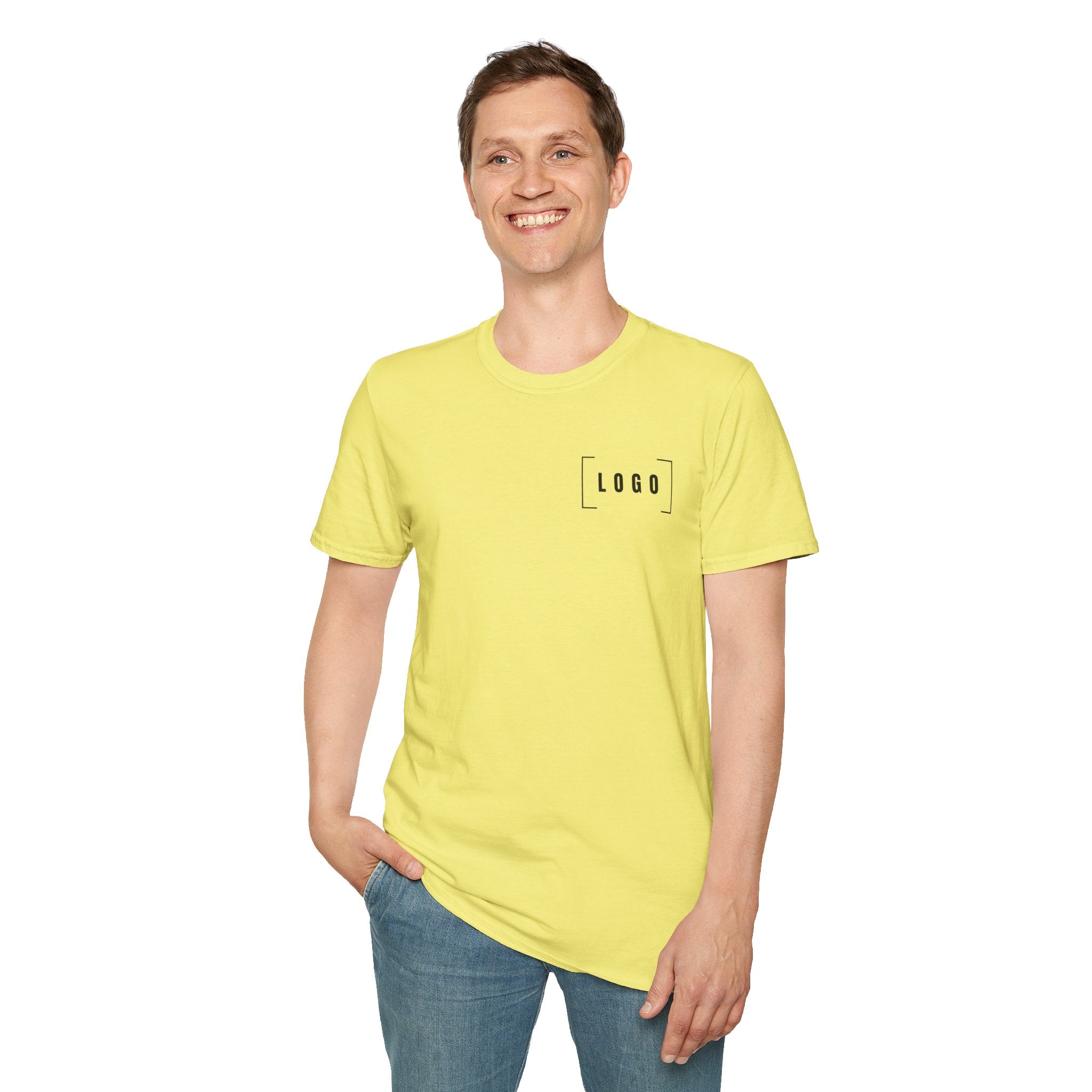 Cornsilk t-shirt with a customizable logo on the front chest