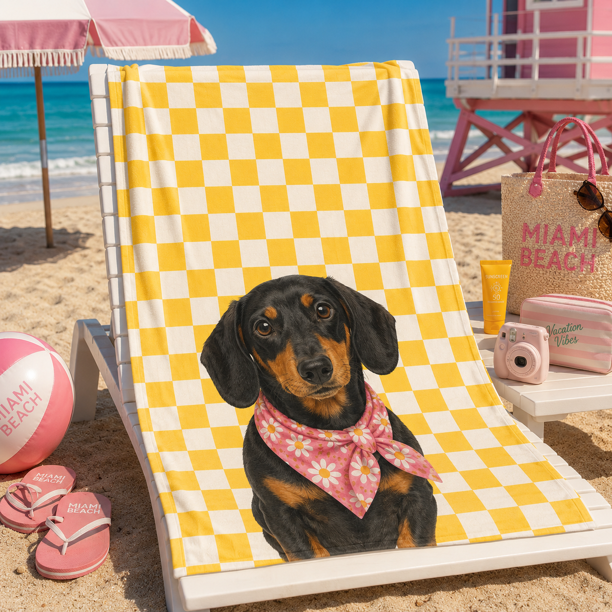 Custom Pet Beach Towel | Personalized Dog Cat  Illustration Checkered Towel | Pet Lover Gift