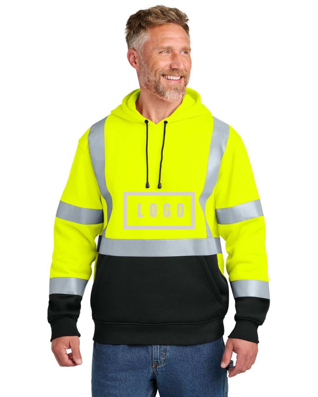 Safety Yellow ANSI 107 Class 3 hi-vis safety hoodie with a customizable logo on the chest