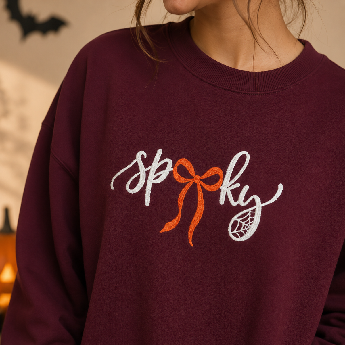 Coquette Spooky Season Embroidered Crewneck, Bow Halloween Sweatshirt