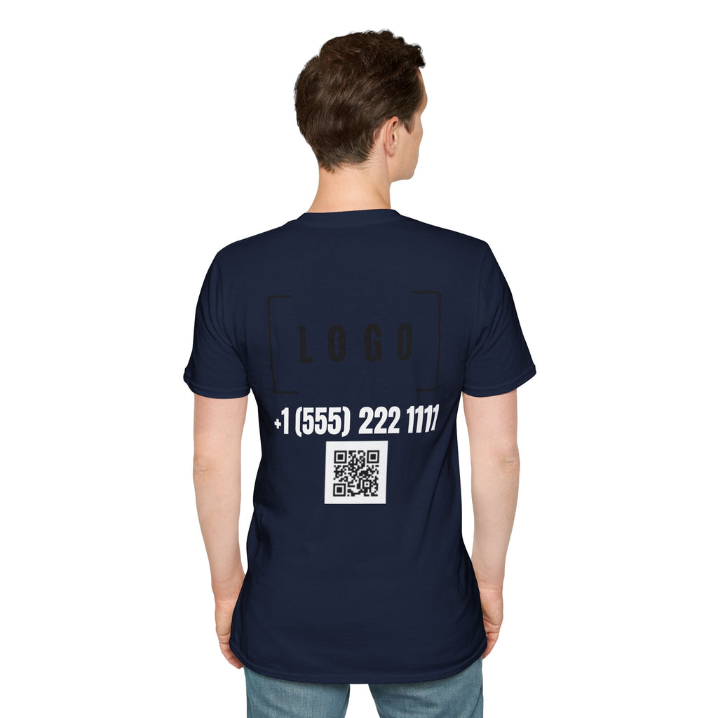 Navy t-shirt with a customizable logo on the back