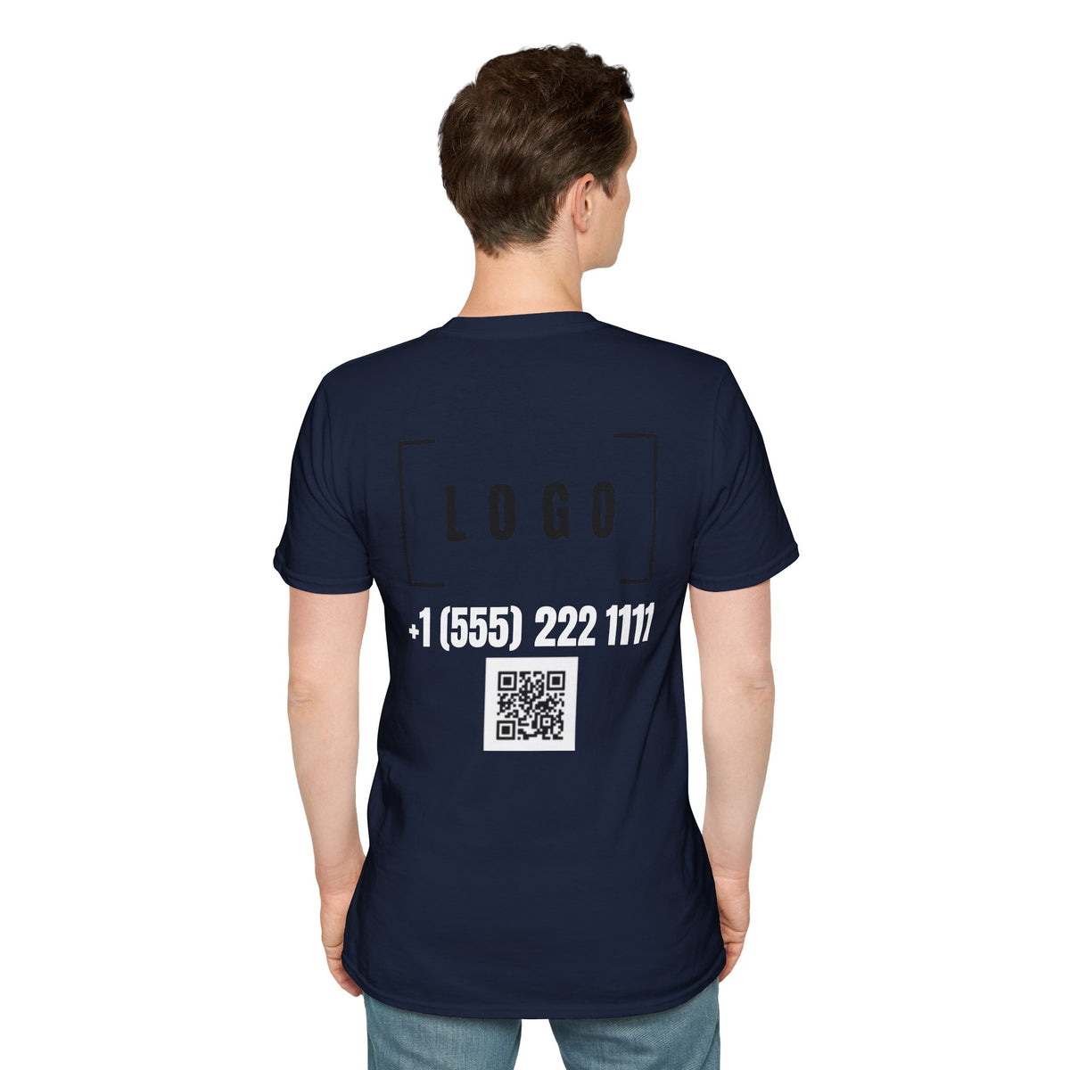 Navy t-shirt with a customizable logo on the back