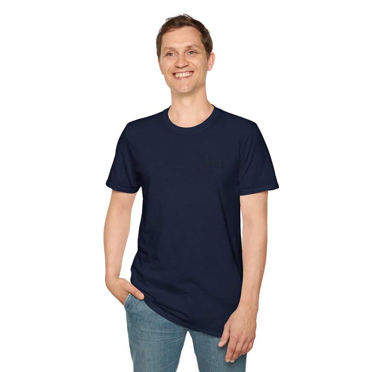 Navy t-shirt with a customizable logo on the front chest