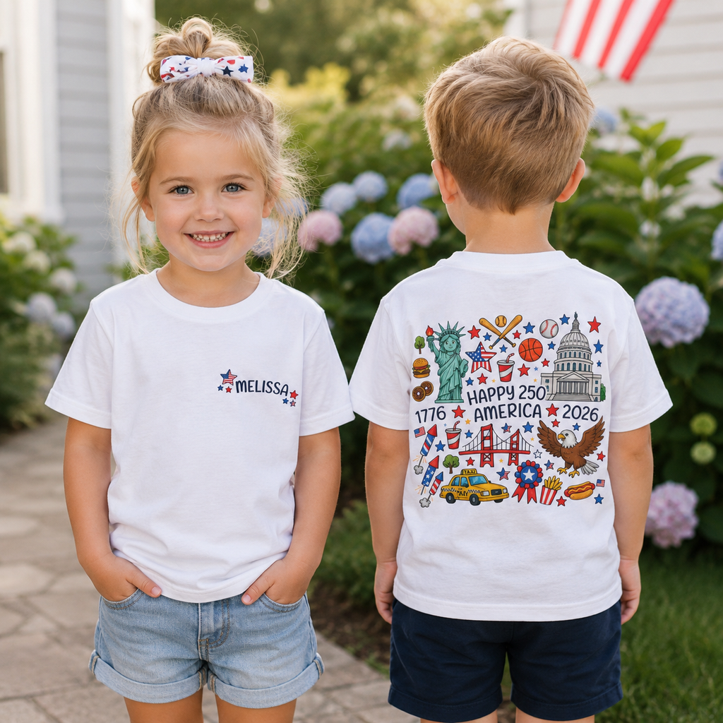 Custom Name 4th of July Toddler Shirt | Personalized USA Icons Tee for Boys and Girls, Sizes 2T–6T