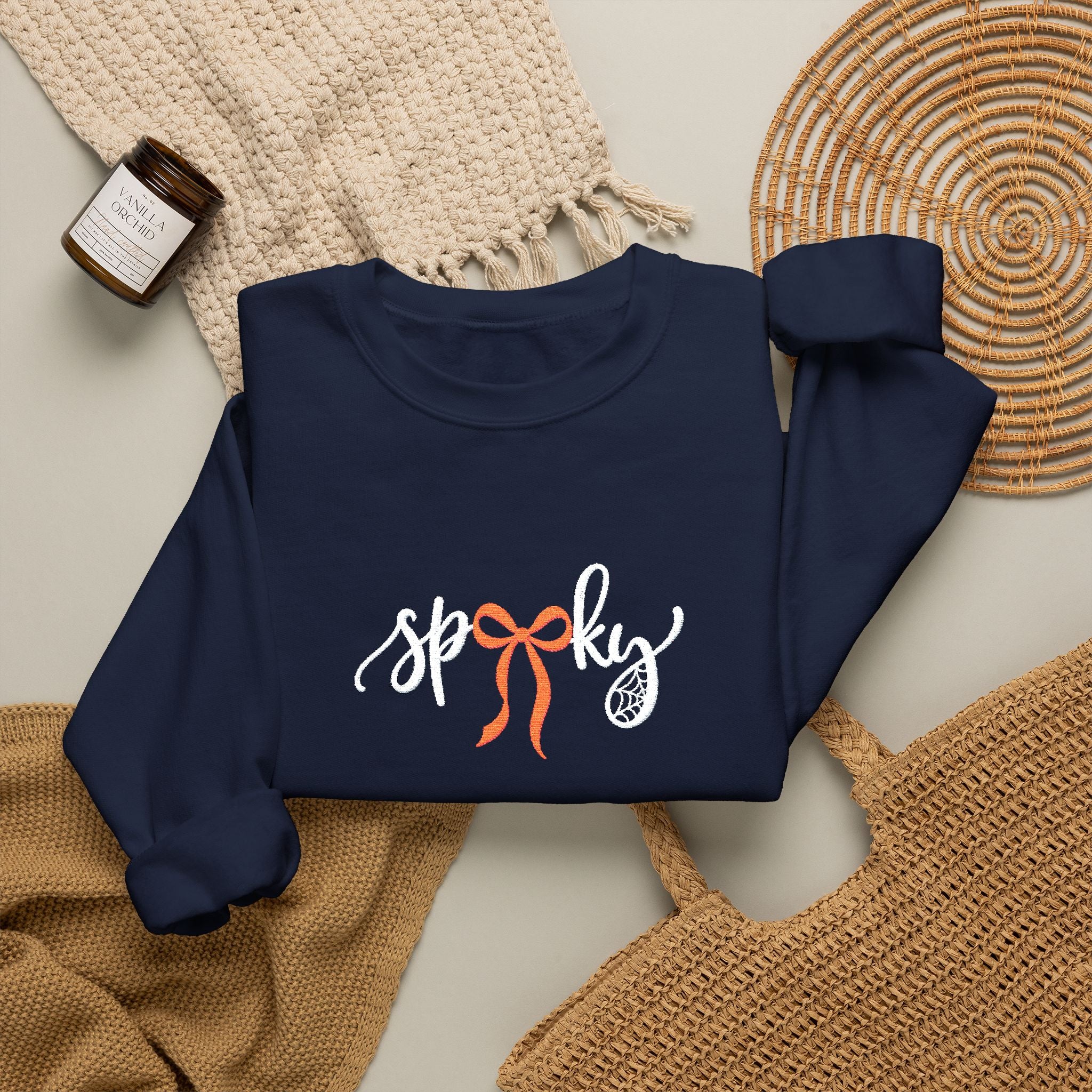 Coquette Spooky Season Embroidered Crewneck, Bow Halloween Sweatshirt