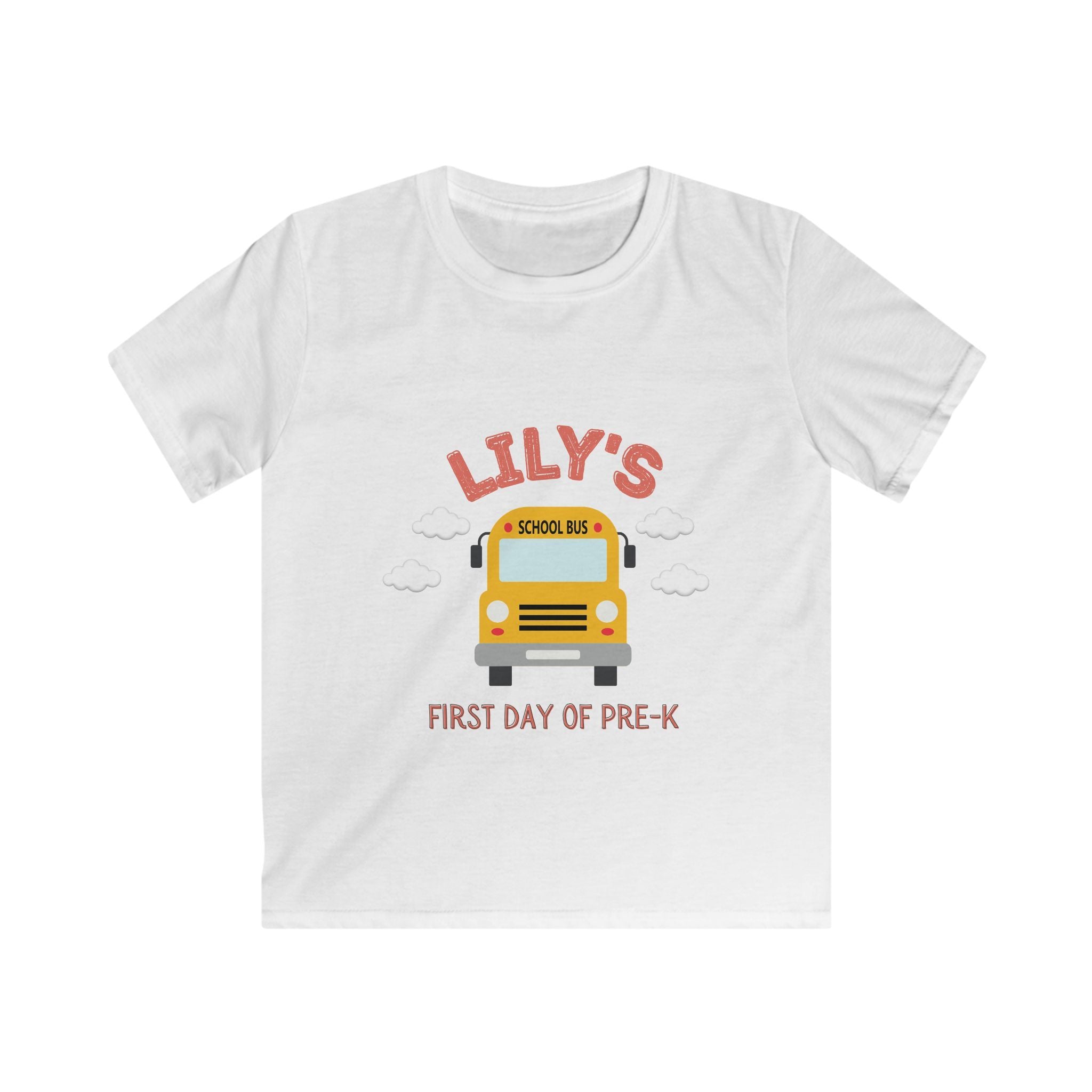 White personalized kids tee with custom name, School Bus graphic and First Day of Pre-K text
