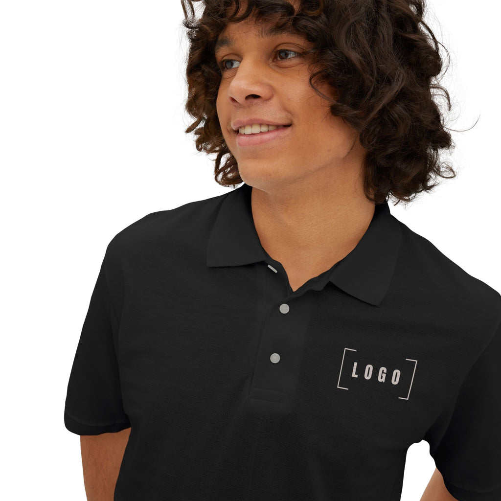 Black men's piqué polo shirt with a customizable logo on the chest