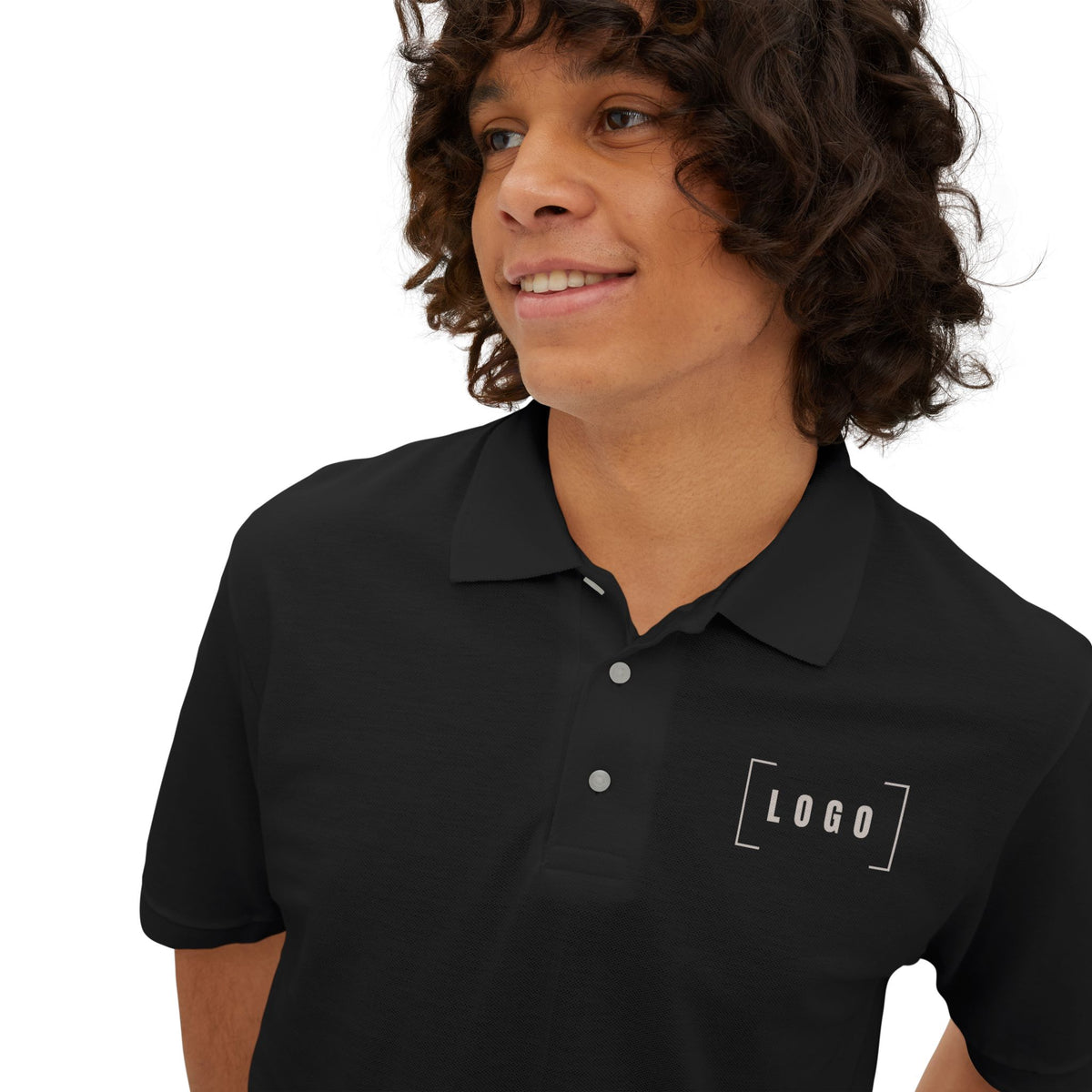 Black men's piqué polo shirt with a customizable logo on the chest