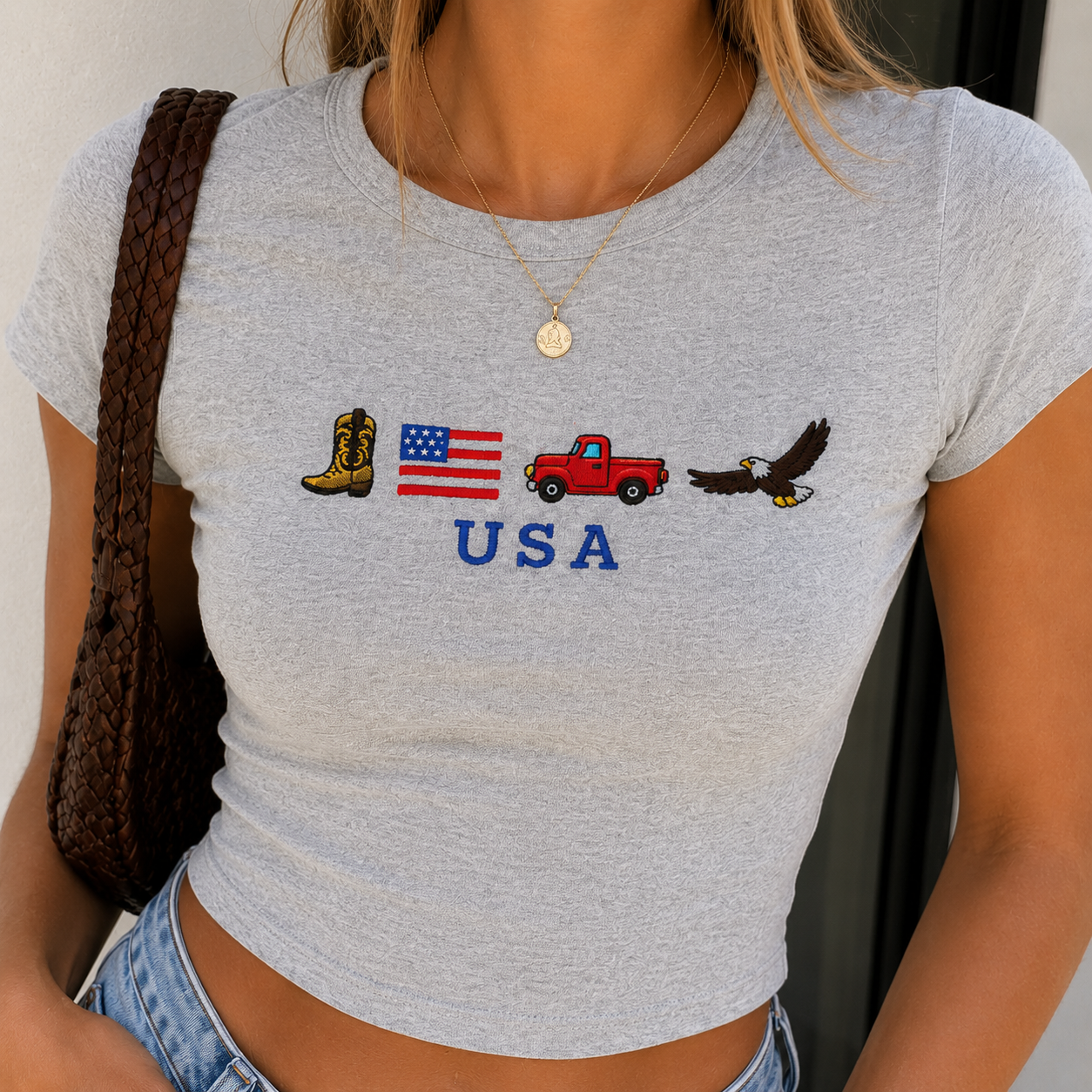 USA Americana Baby Tee | Patriotic  Crop Top | 4th of July Women Shirt |  USA Icons Tee S-5XL