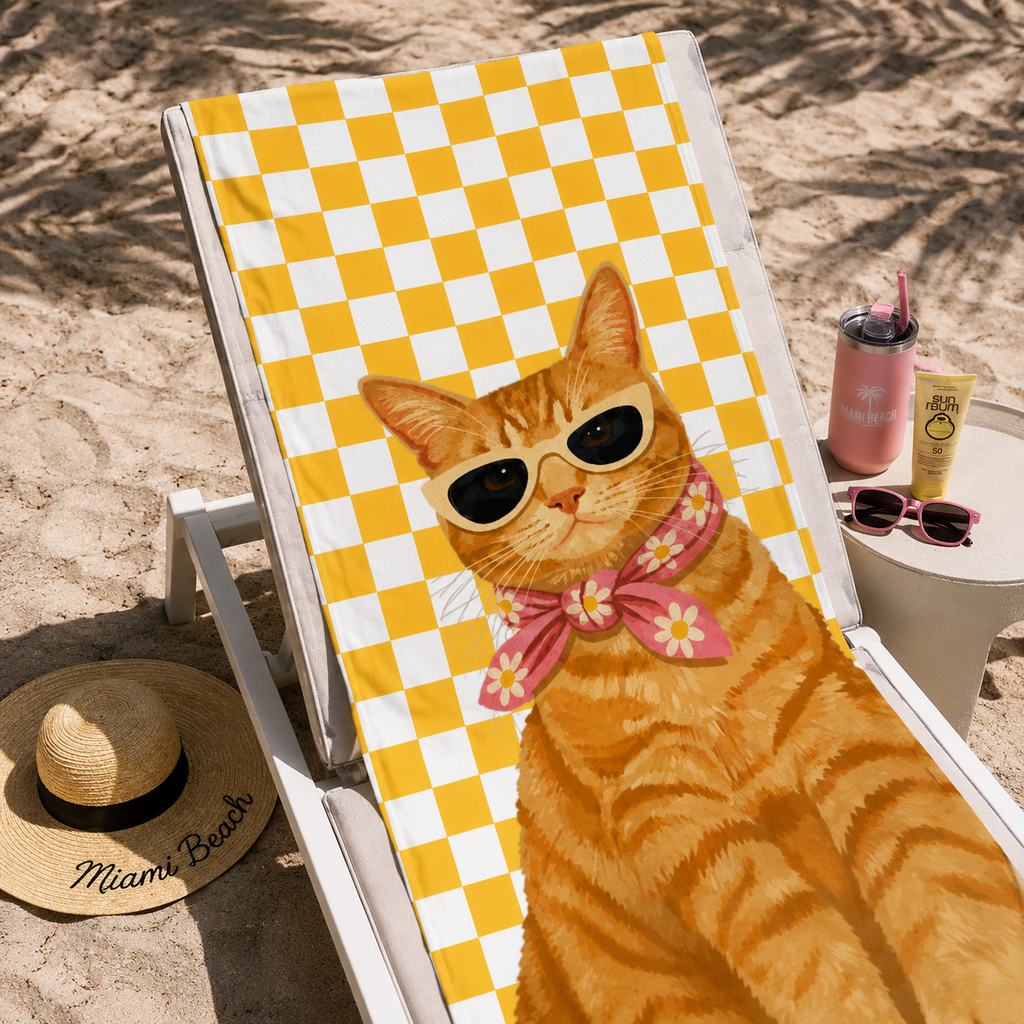 Custom Pet Beach Towel | Personalized Dog Cat  Illustration Checkered Towel | Pet Lover Gift