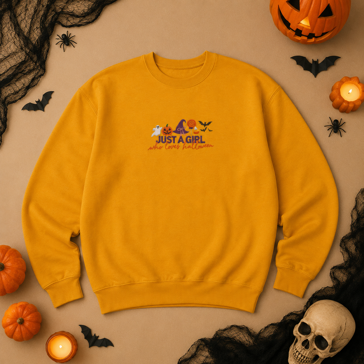Just a Girl Who Loves Halloween Crewneck, Pumpkin & Bat Sweatshirt