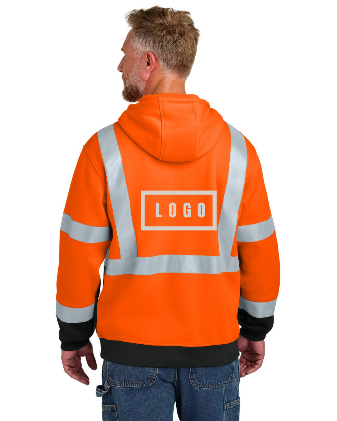 Safety Orange ANSI 107 Class 3 hi-vis safety hoodie with a customizable logo on the chest