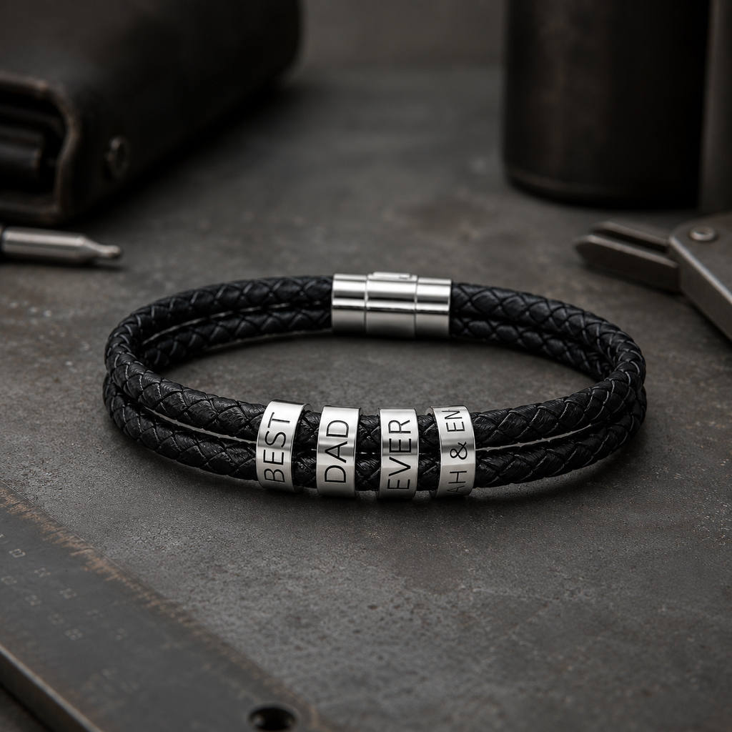 Custom Dad Bracelet with Engraved Beads | Personalized Leather Bracelet for Him