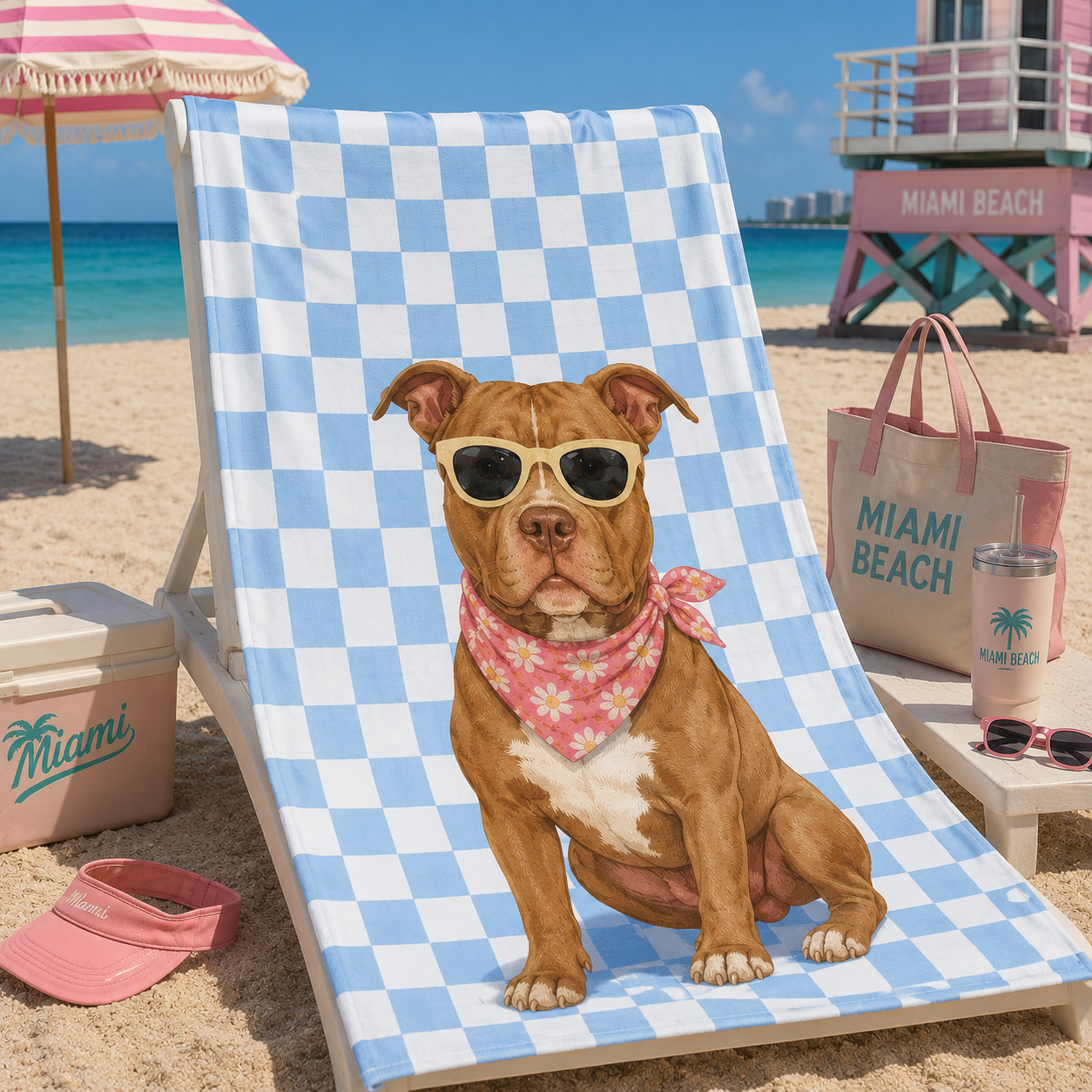 Custom Pet Beach Towel | Personalized Dog Cat  Illustration Checkered Towel | Pet Lover Gift