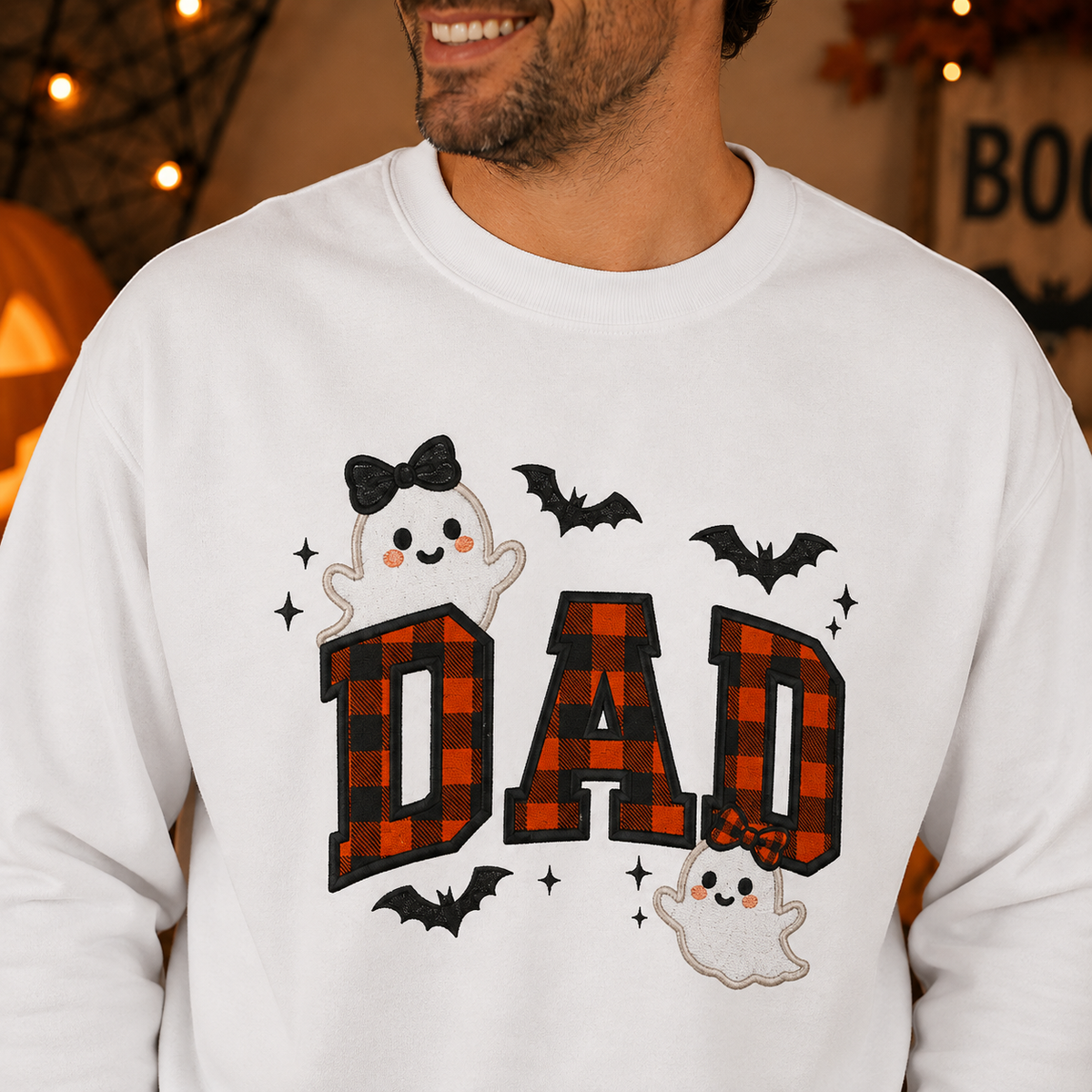 Halloween Plaid Dad Sweatshirt, Ghost & Bat Pullover Gift