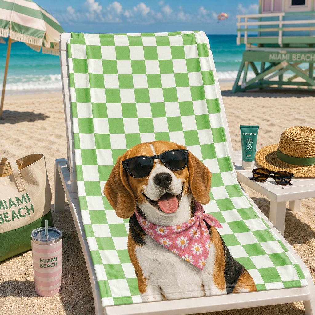Custom Pet Beach Towel | Personalized Dog Cat  Illustration Checkered Towel | Pet Lover Gift