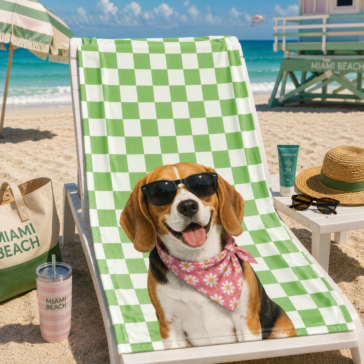 Custom Pet Beach Towel | Personalized Dog Cat  Illustration Checkered Towel | Pet Lover Gift