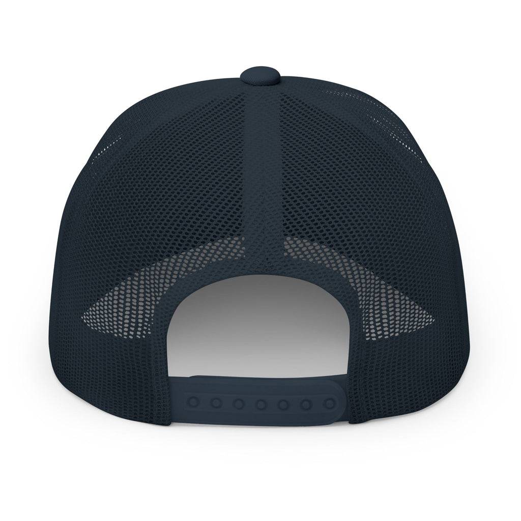 Navy embroidered trucker cap with a customizable logo on the front panel patch