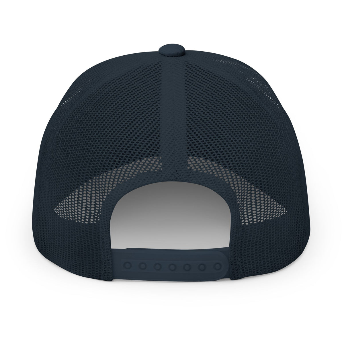Navy embroidered trucker cap with a customizable logo on the front panel patch
