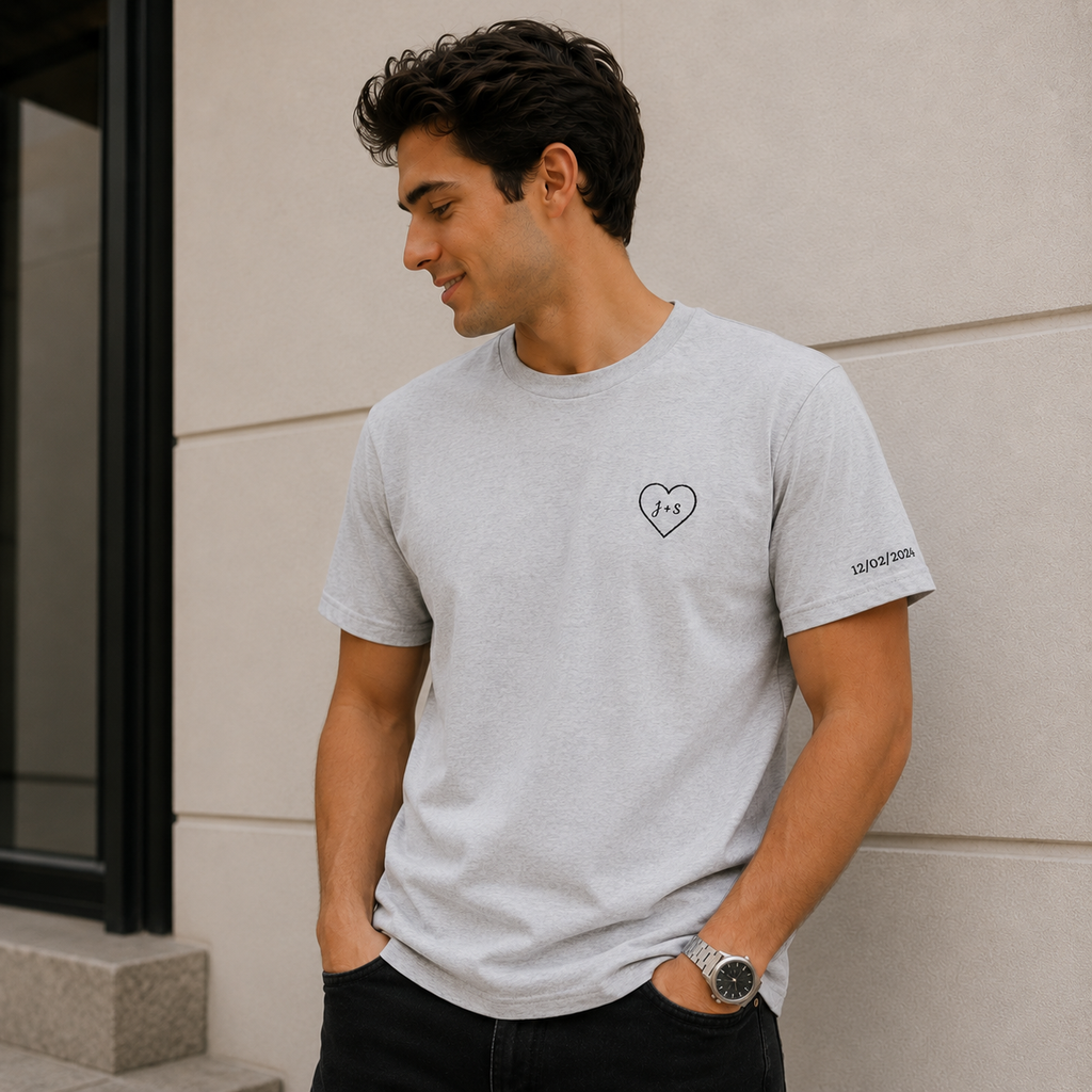 Custom Embroidered Heart T-Shirt — Personalized Text and Sleeve | Gift for Her | Gift for Him | Couple Gift Shirt